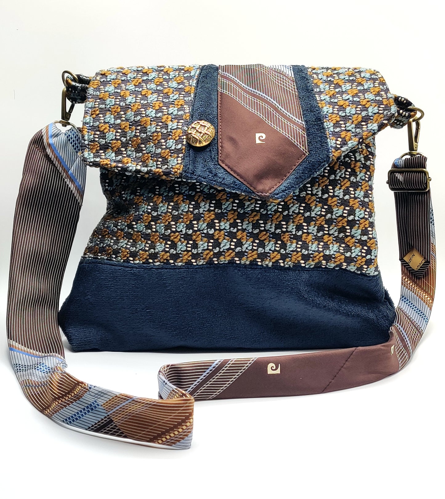 Handmade Messenger Bag (9" x 12"), featuring navy, blue, and gold checkered tweed fabric, vintage Pierre Cardin tie strap