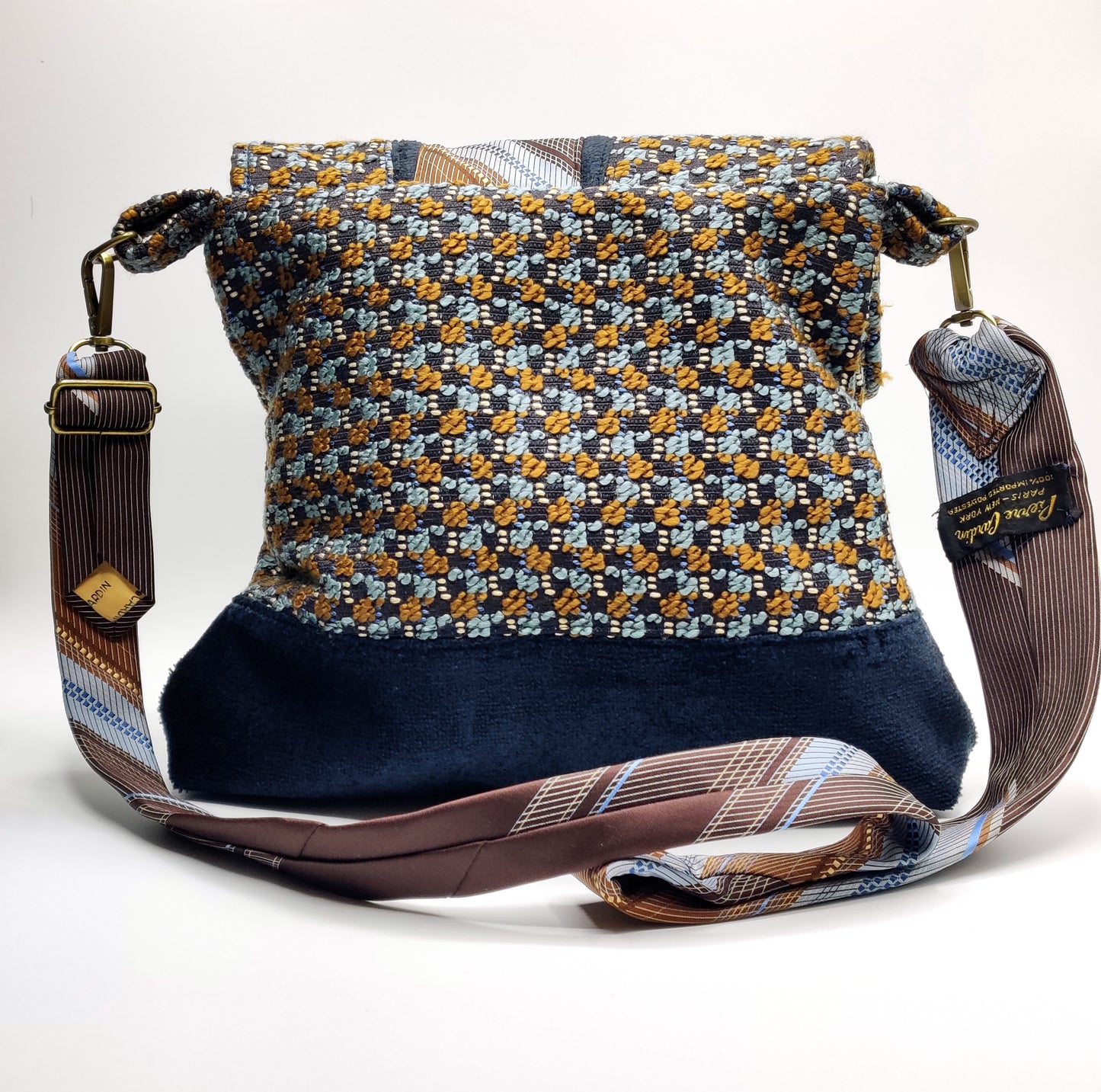 Handmade Messenger Bag (9" x 12"), featuring navy, blue, and gold checkered tweed fabric, vintage Pierre Cardin tie strap