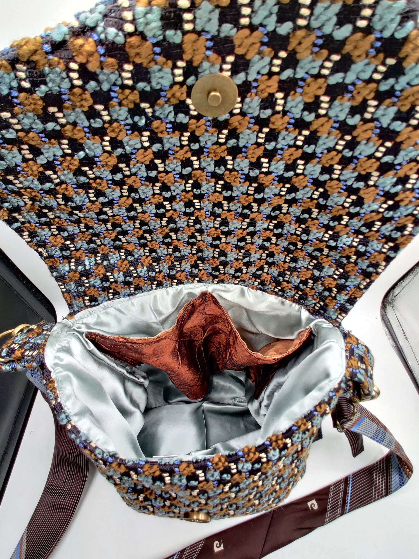 Handmade Messenger Bag (9" x 12"), featuring navy, blue, and gold checkered tweed fabric, vintage Pierre Cardin tie strap