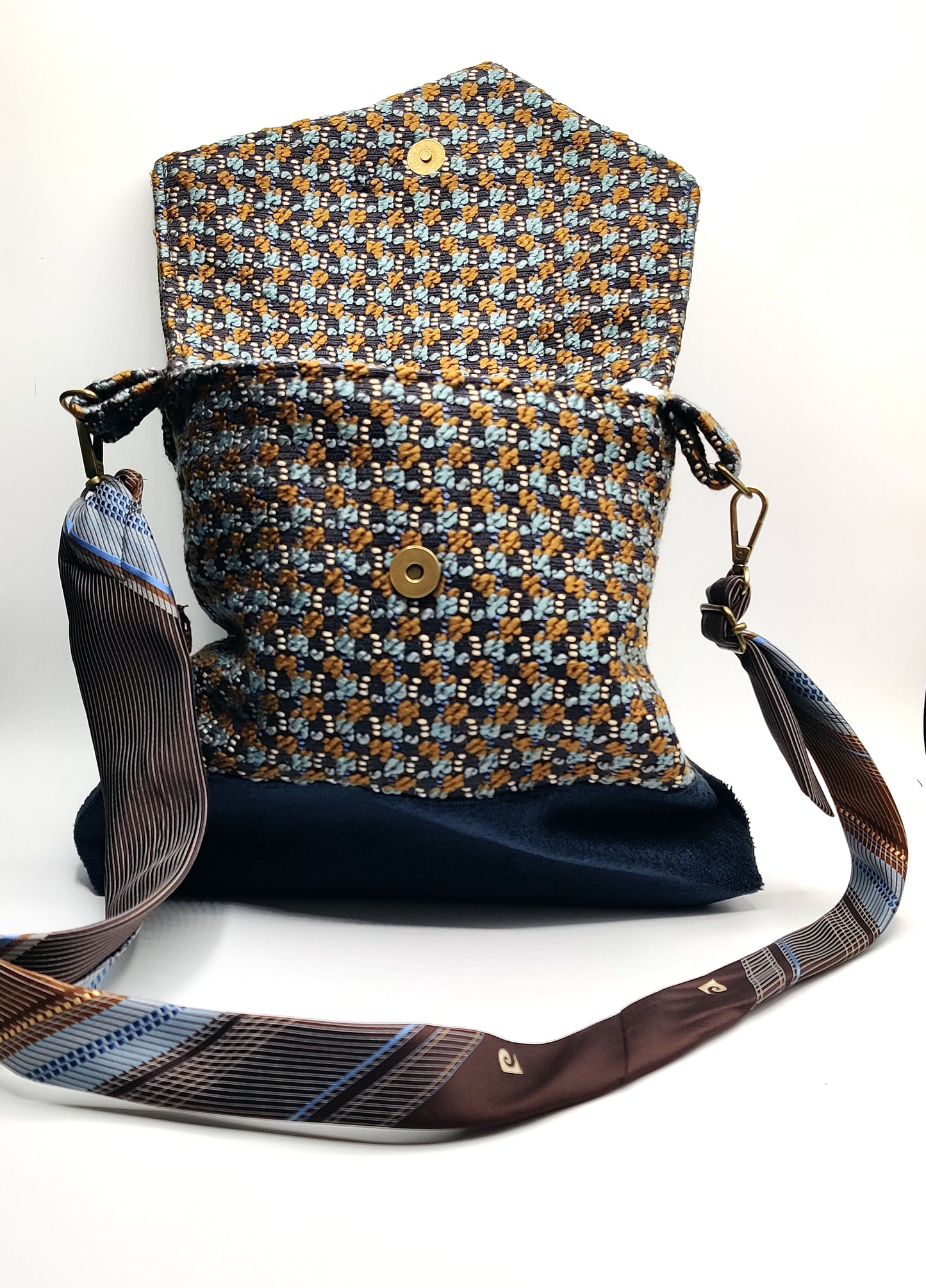 Handmade Messenger Bag (9" x 12"), featuring navy, blue, and gold checkered tweed fabric, vintage Pierre Cardin tie strap