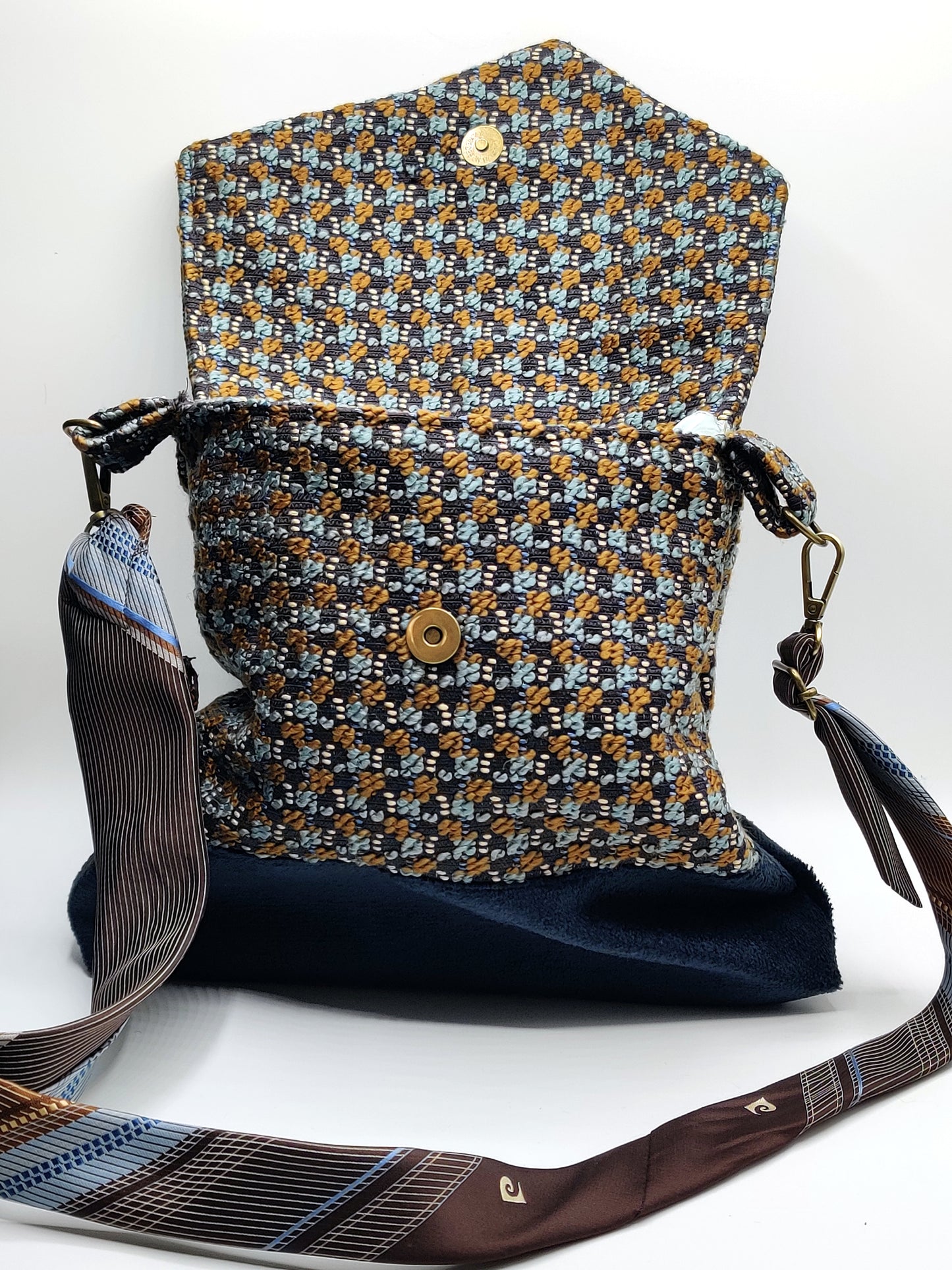 Handmade Messenger Bag (9" x 12"), featuring navy, blue, and gold checkered tweed fabric, vintage Pierre Cardin tie strap