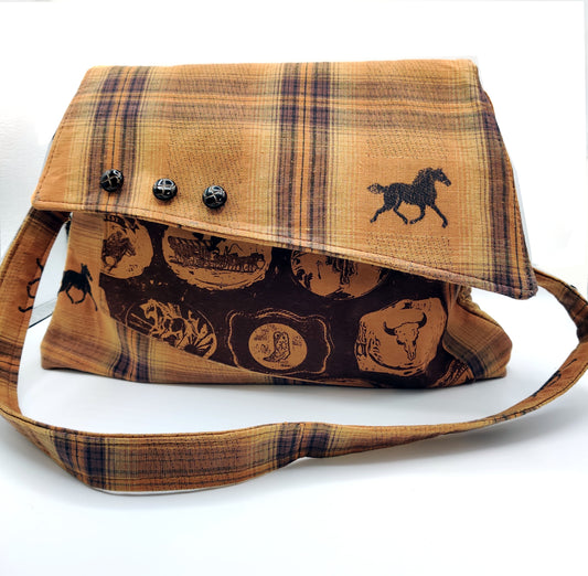 Handmade Western Handbag (9" x 14"), featuring Rodeo Horse Print on Brown Plaid