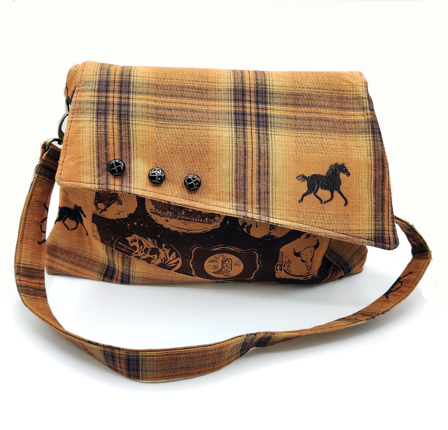 Handmade Western Handbag (9" x 14"), featuring Rodeo Horse Print on Brown Plaid