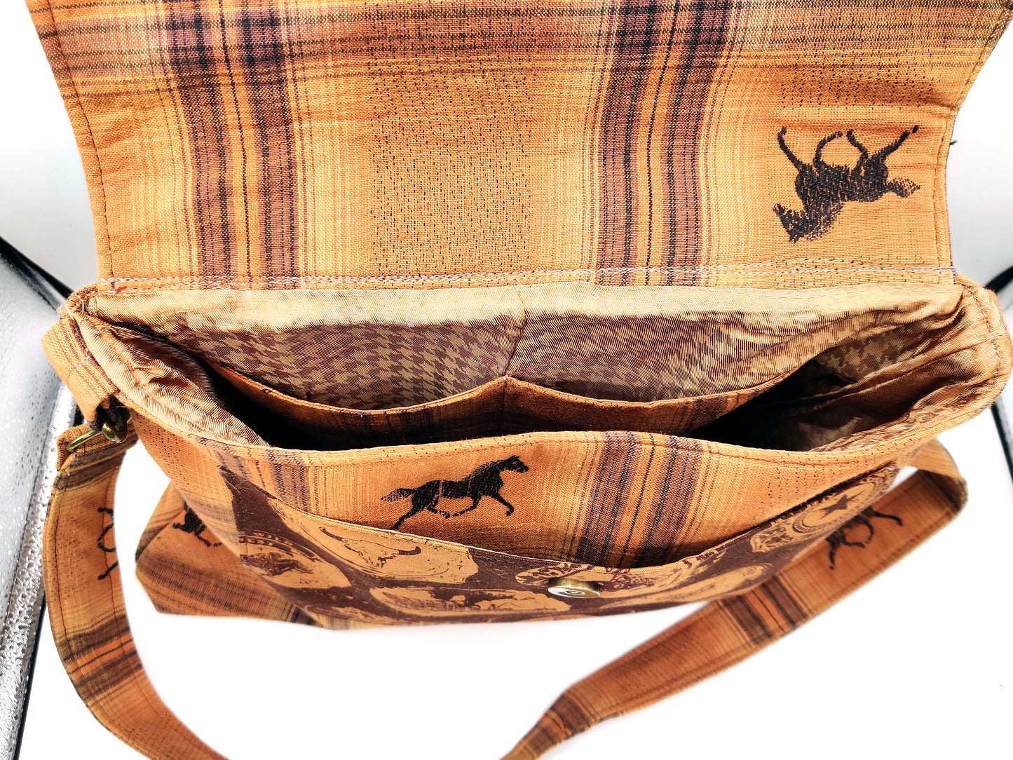 Handmade Western Handbag (9" x 14"), featuring Rodeo Horse Print on Brown Plaid