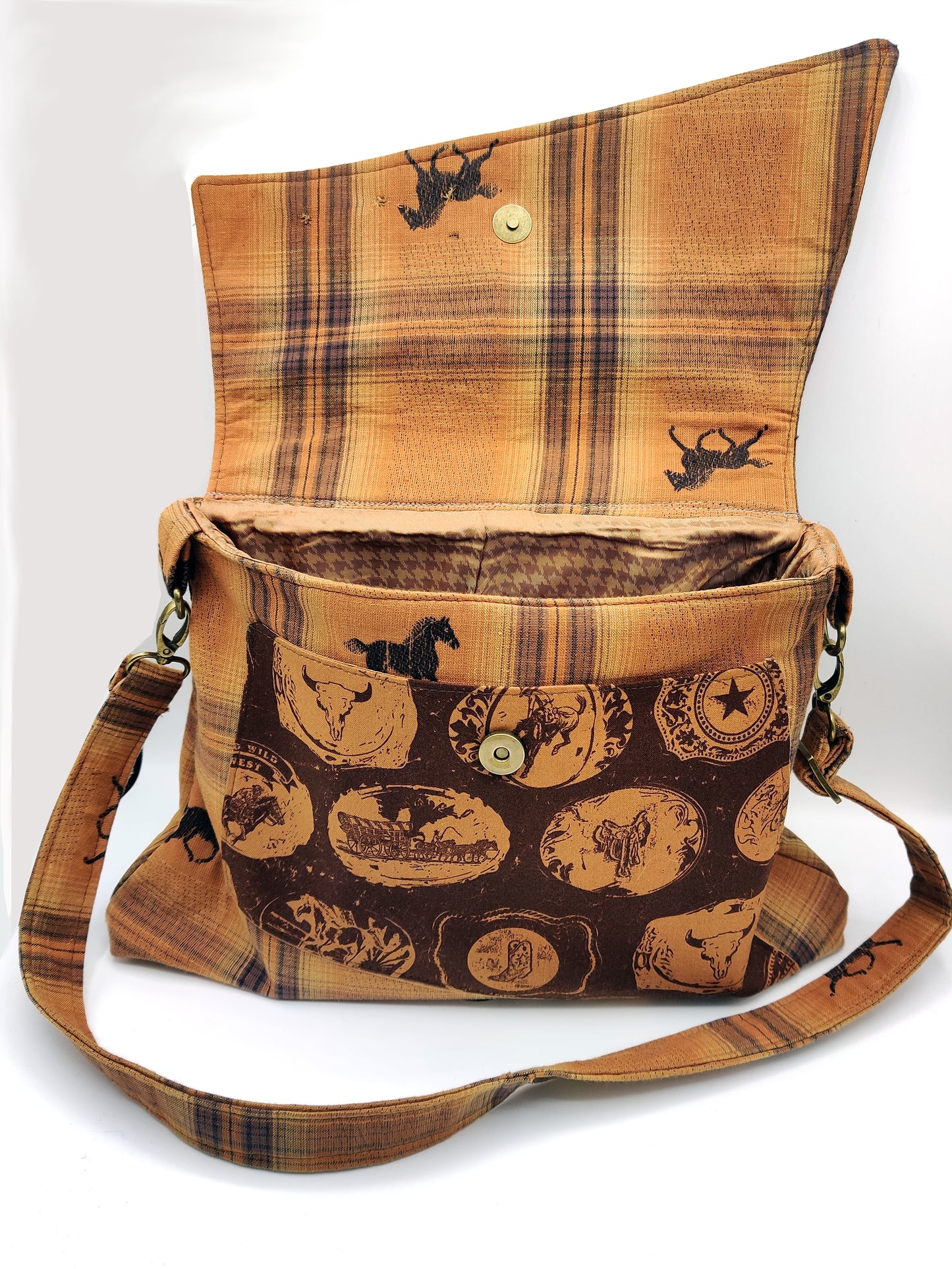 Handmade Western Handbag (9" x 14"), featuring Rodeo Horse Print on Brown Plaid