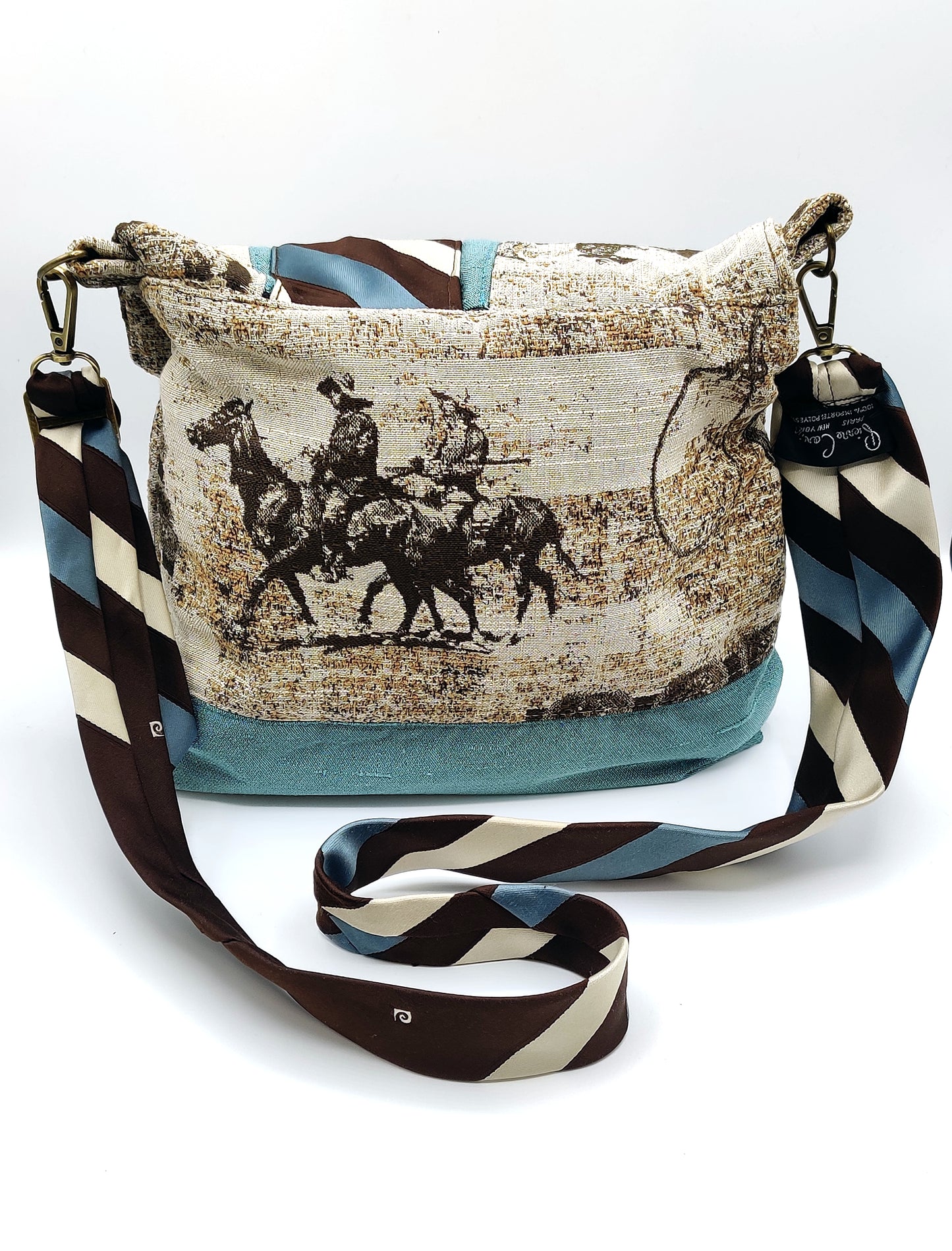 Handmade Western Messenger Bag (9" x 12"), Featuring Rodeo Cowboy with Vintage Pierre Cardin Tie Strap