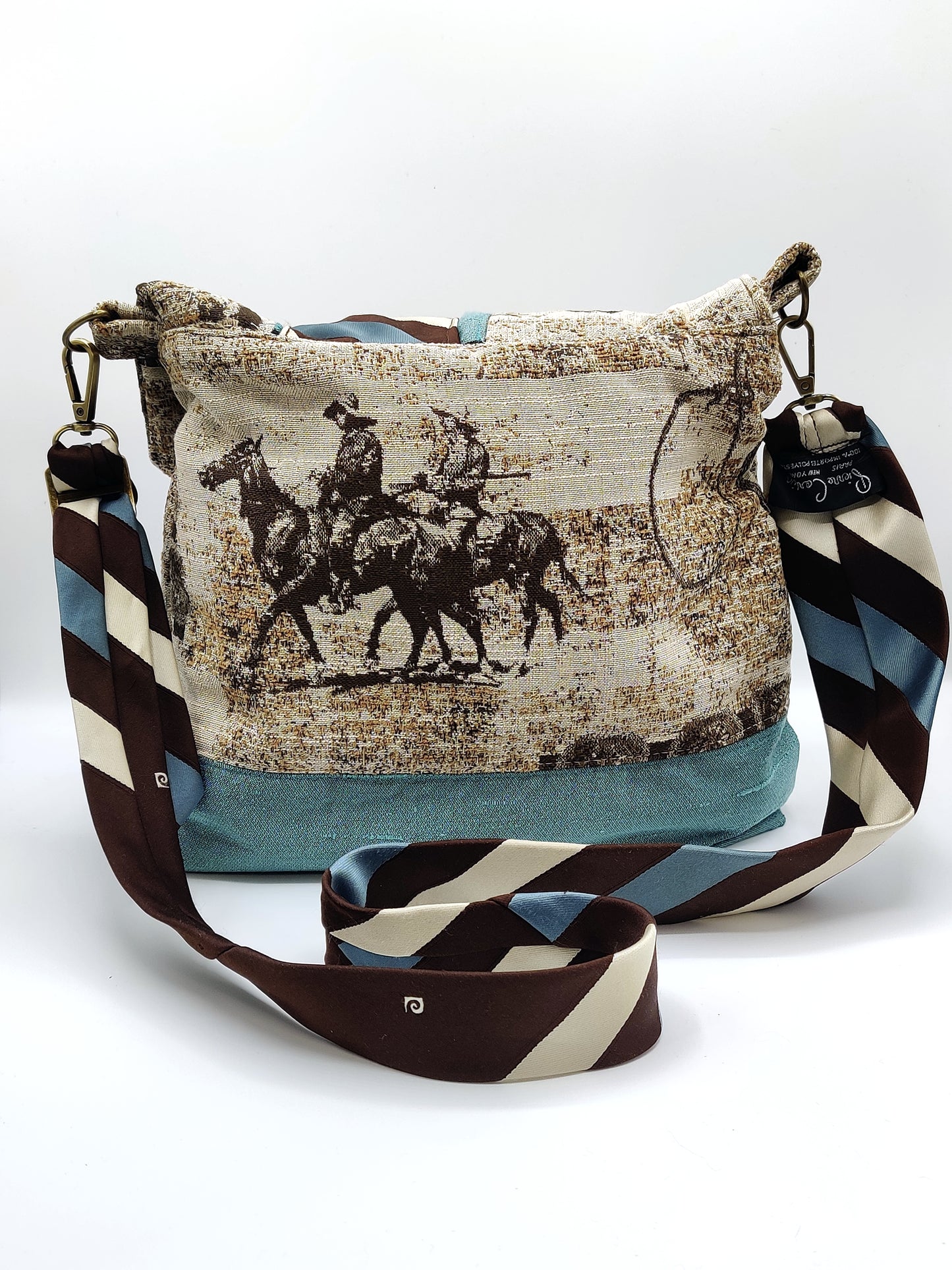 Handmade Western Messenger Bag (9" x 12"), Featuring Rodeo Cowboy with Vintage Pierre Cardin Tie Strap