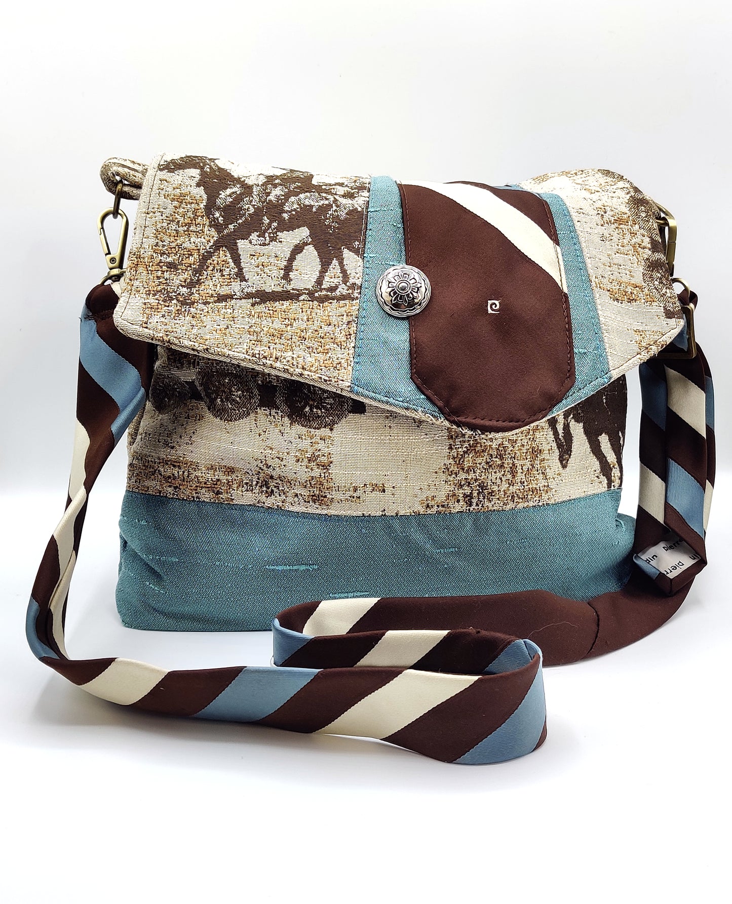 Handmade Western Messenger Bag (9" x 12"), Featuring Rodeo Cowboy with Vintage Pierre Cardin Tie Strap