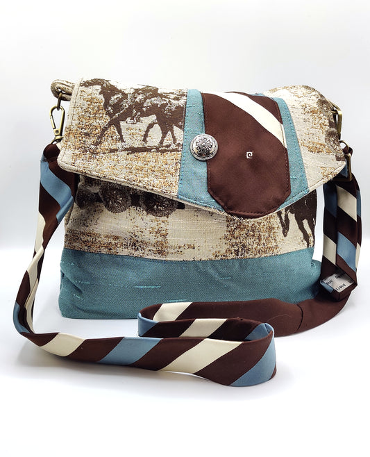 Handmade Western Messenger Bag (9" x 12"), Featuring Rodeo Cowboy with Vintage Pierre Cardin Tie Strap