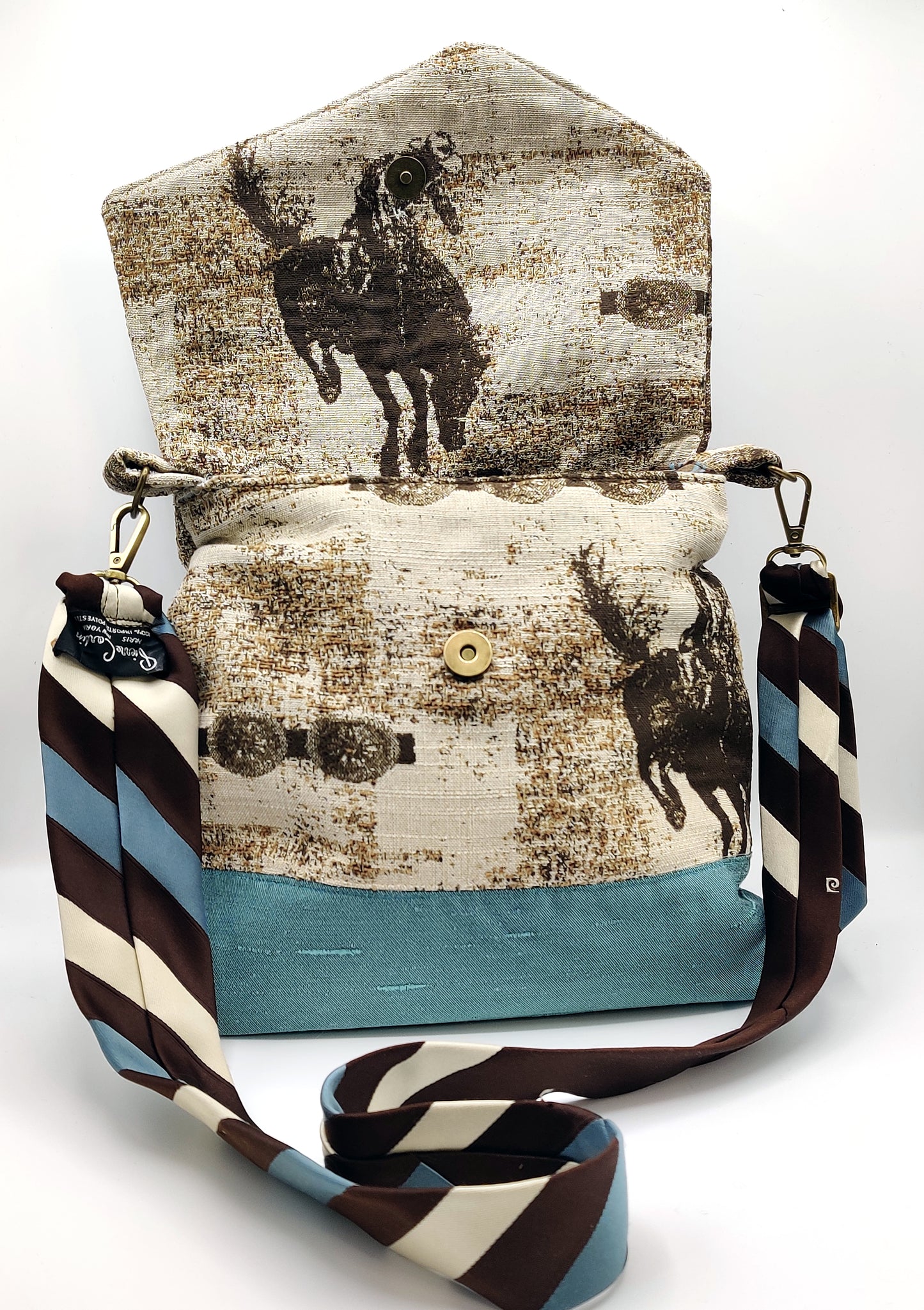Handmade Western Messenger Bag (9" x 12"), Featuring Rodeo Cowboy with Vintage Pierre Cardin Tie Strap