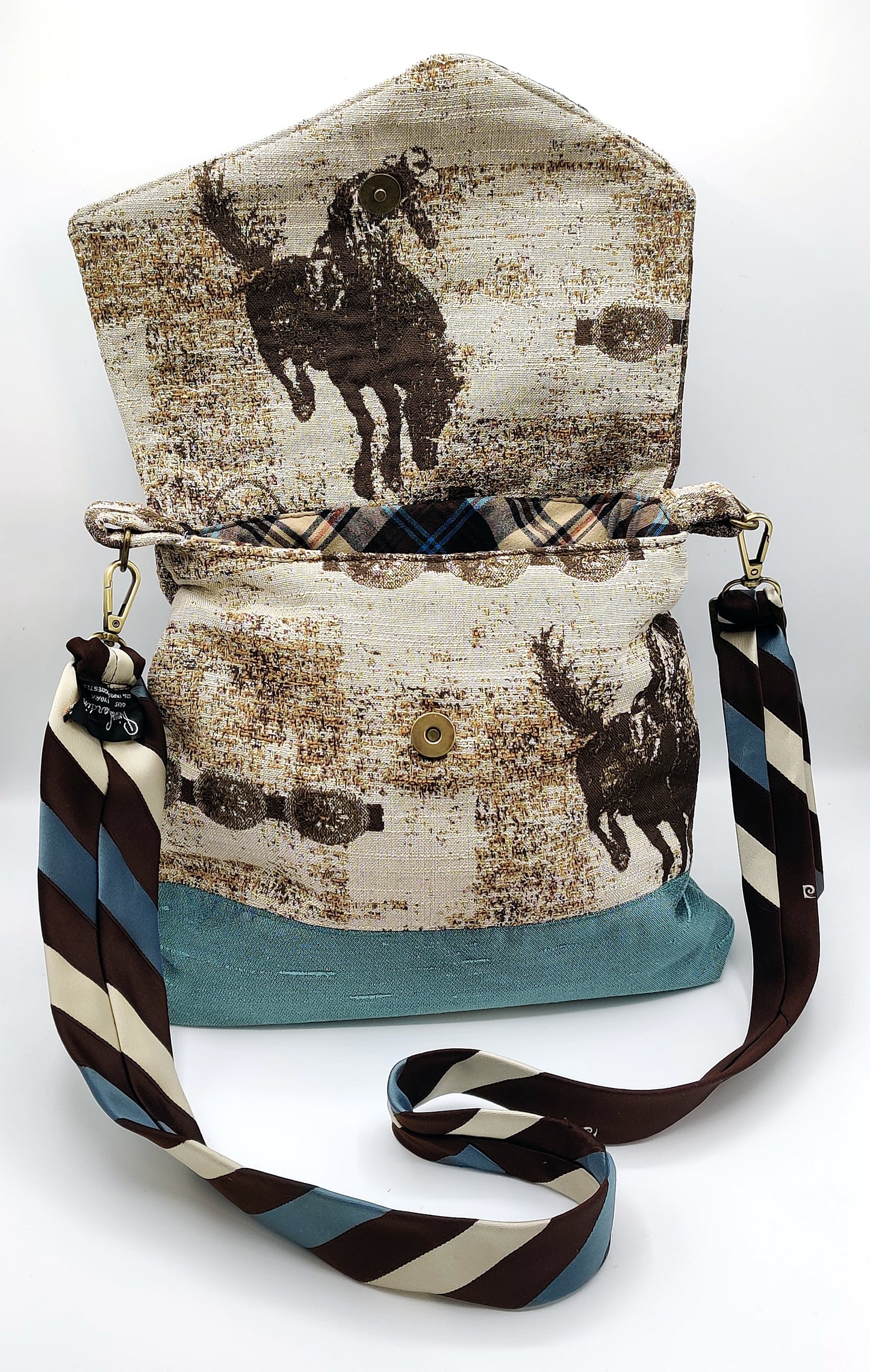 Handmade Western Messenger Bag (9" x 12"), Featuring Rodeo Cowboy with Vintage Pierre Cardin Tie Strap
