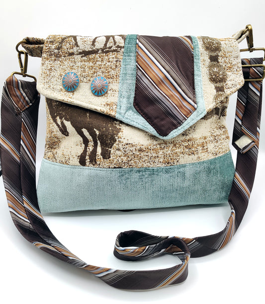 Handmade Western Messenger Bag (9" x 12"), Featuring Rodeo Cowboy with Vintage Tie Strap
