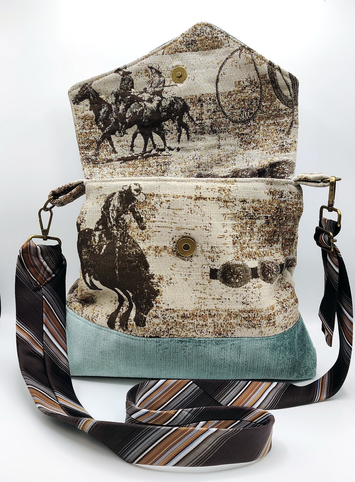 Handmade Western Messenger Bag (9" x 12"), Featuring Rodeo Cowboy with Vintage Tie Strap