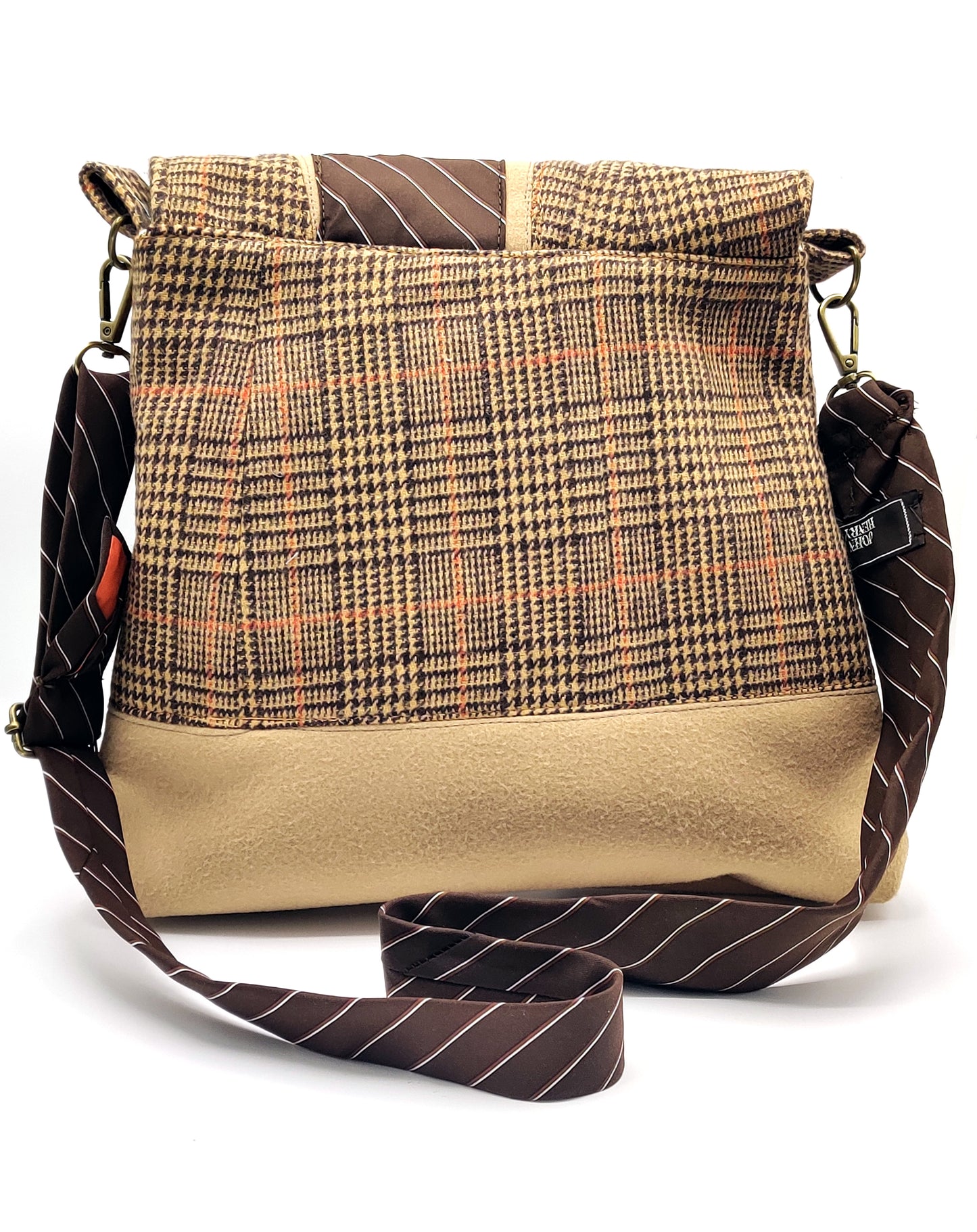 Handmade Messenger Bag (9" x 12"), featuring camel and brown plaid, vintage tie strap