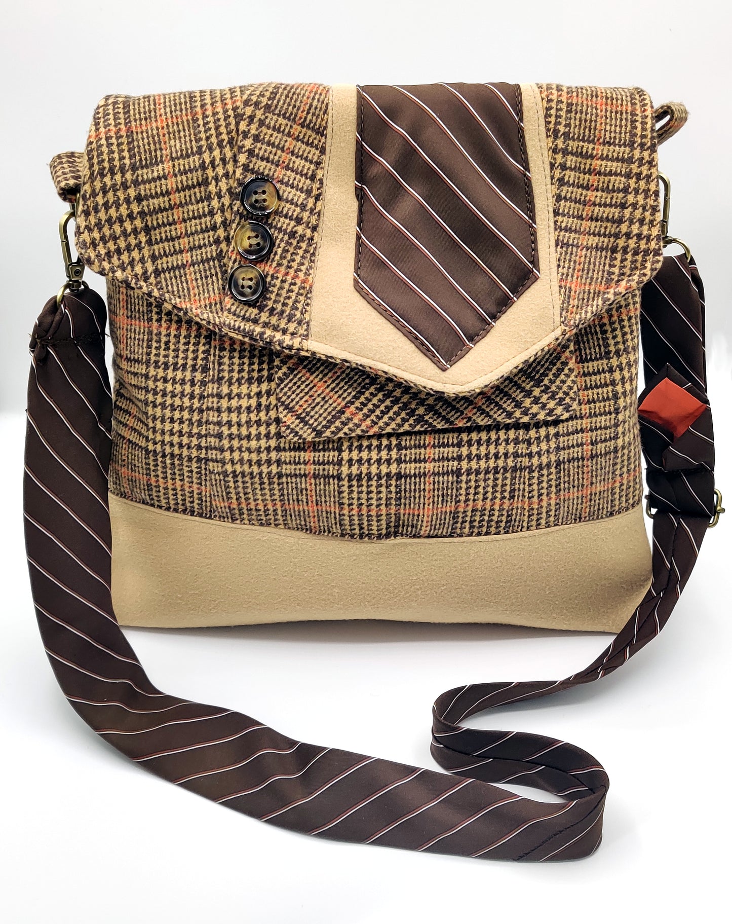 Handmade Messenger Bag (9" x 12"), featuring camel and brown plaid, vintage tie strap