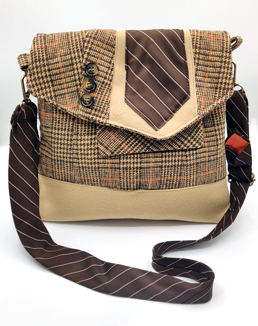 Handmade Messenger Bag (9" x 12"), featuring camel and brown plaid, vintage tie strap
