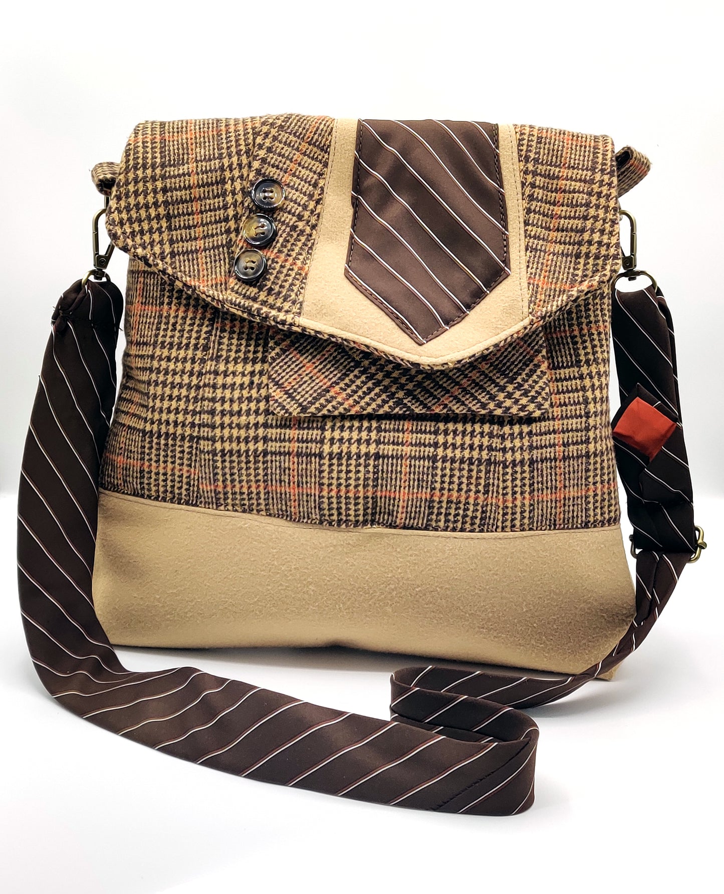 Handmade Messenger Bag (9" x 12"), featuring camel and brown plaid, vintage tie strap