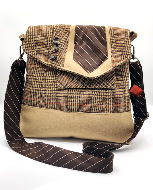 Handmade Messenger Bag (9" x 12"), featuring camel and brown plaid, vintage tie strap