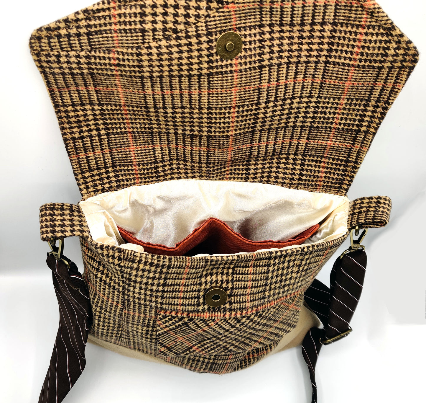 Handmade Messenger Bag (9" x 12"), featuring camel and brown plaid, vintage tie strap