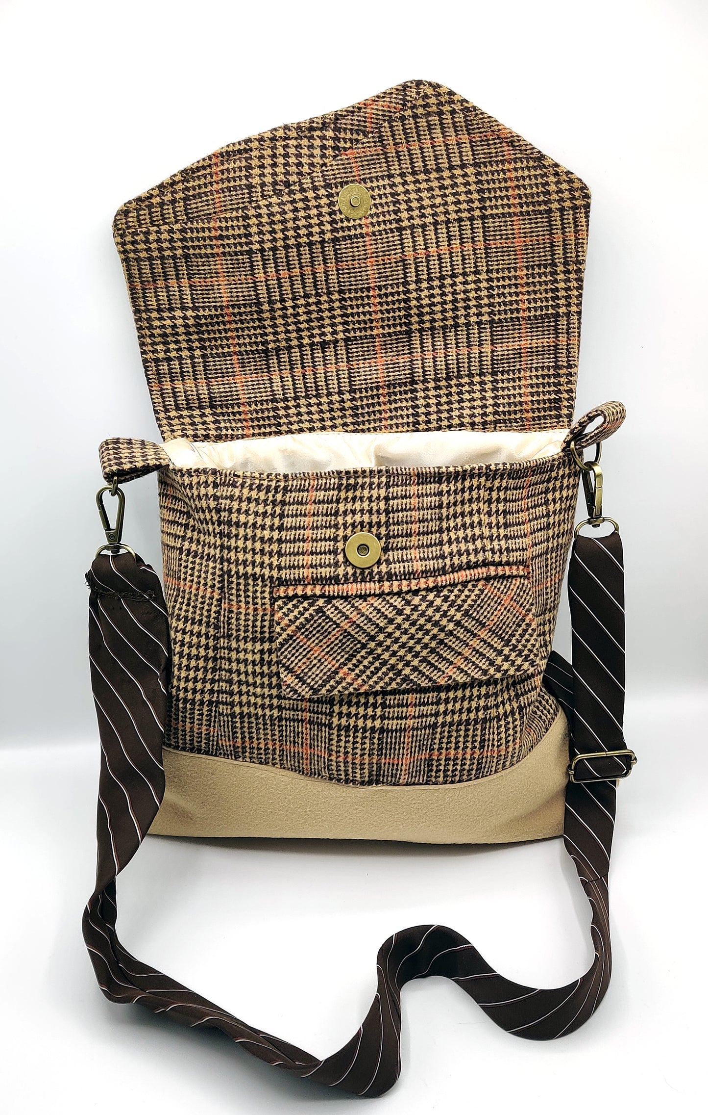 Handmade Messenger Bag (9" x 12"), featuring camel and brown plaid, vintage tie strap