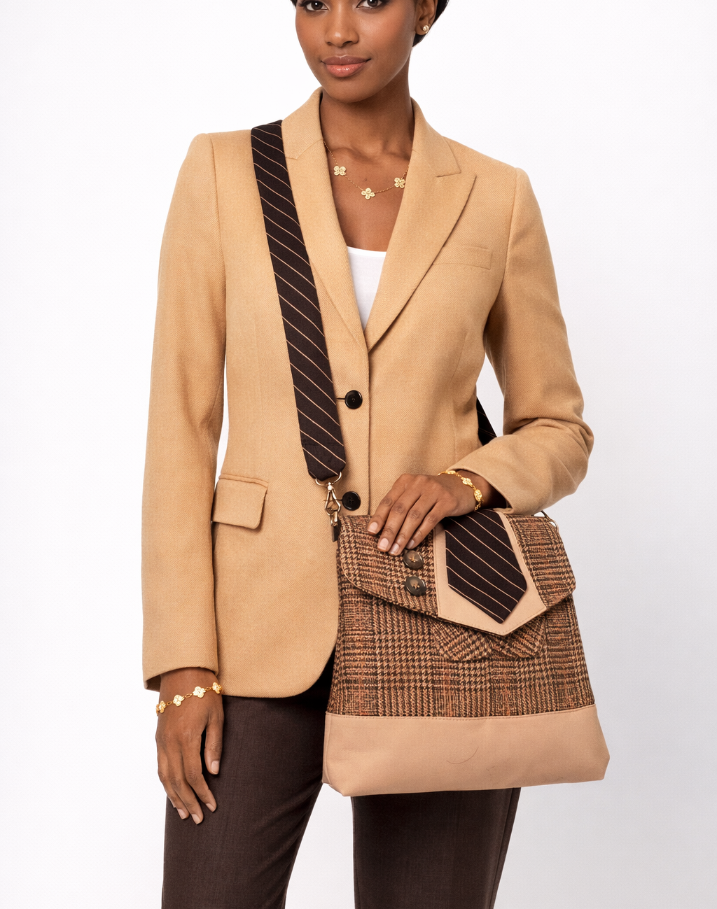 Handmade Messenger Bag (9" x 12"), featuring camel and brown plaid, vintage tie strap