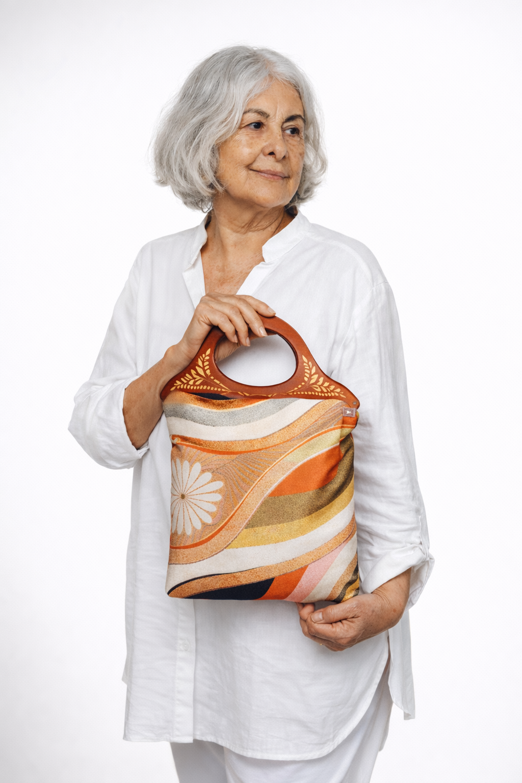 Handmade Wooden Handle Tote Bag (12" x 9"), Japanese obi fabric