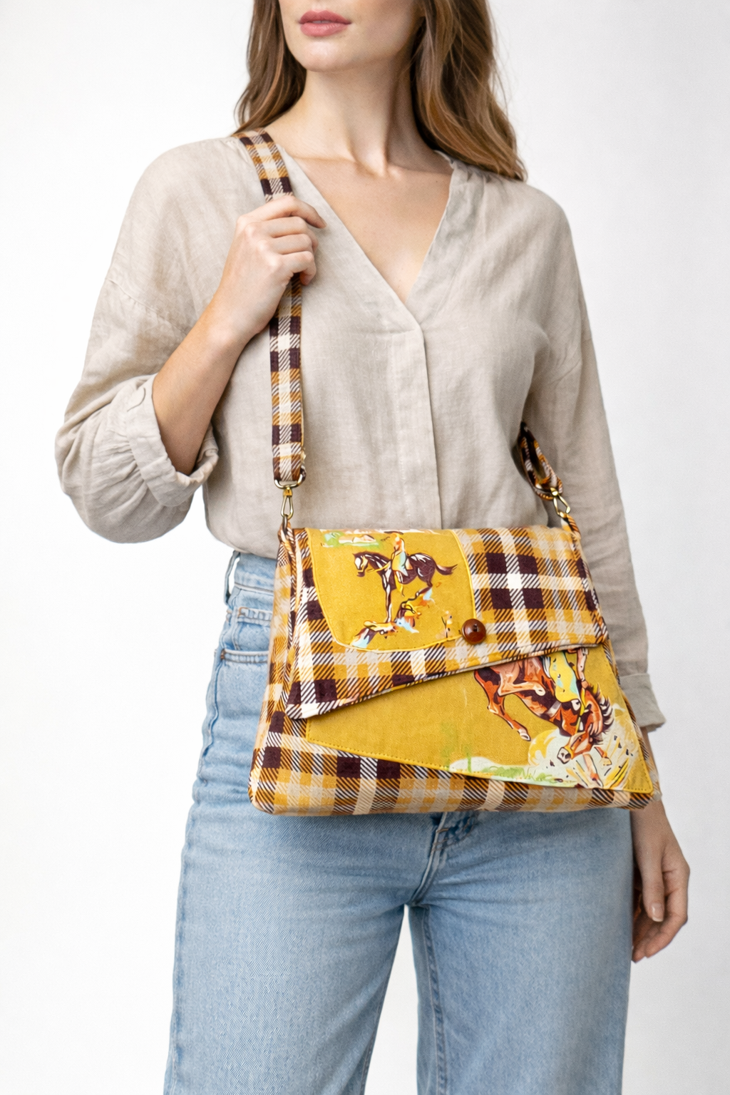 Handmade Western Handbag (9" x 14"), featuring Rodeo print on mustard yellow and brown plaid