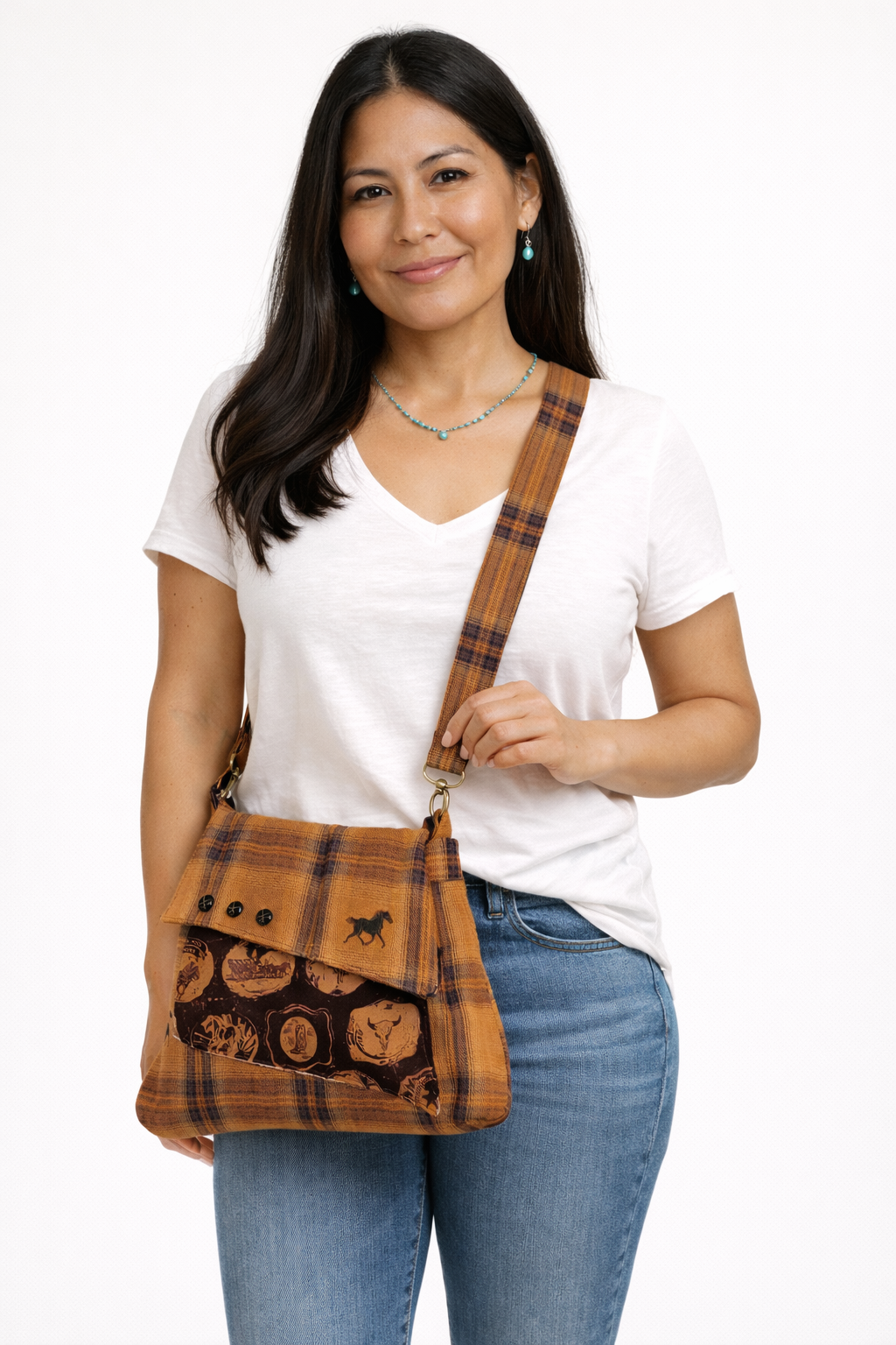 Handmade Western Handbag (9" x 14"), featuring Rodeo Horse Print on Brown Plaid