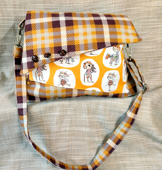 Handmade Western Handbag (9" x 14"), featuring Crafty Chloe print on yellow and brown plaid