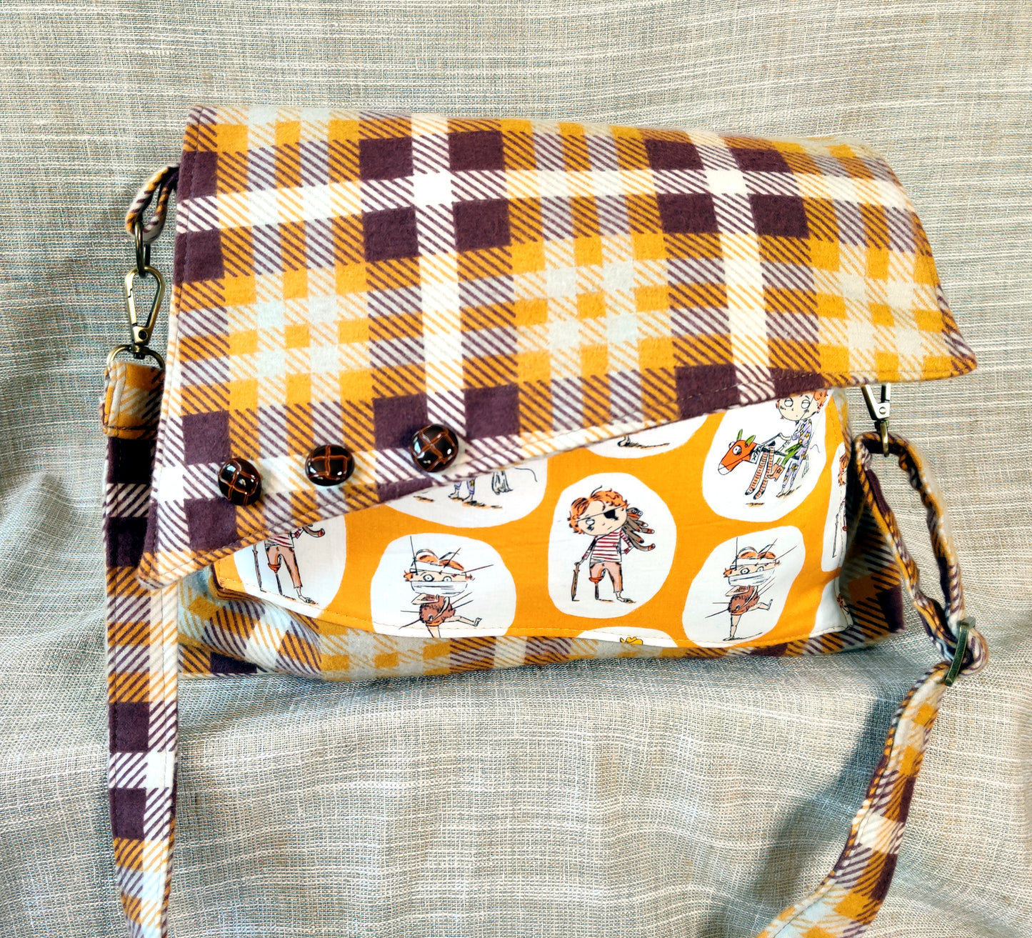 Handmade Western Handbag (9" x 14"), featuring Crafty Chloe print on yellow and brown plaid