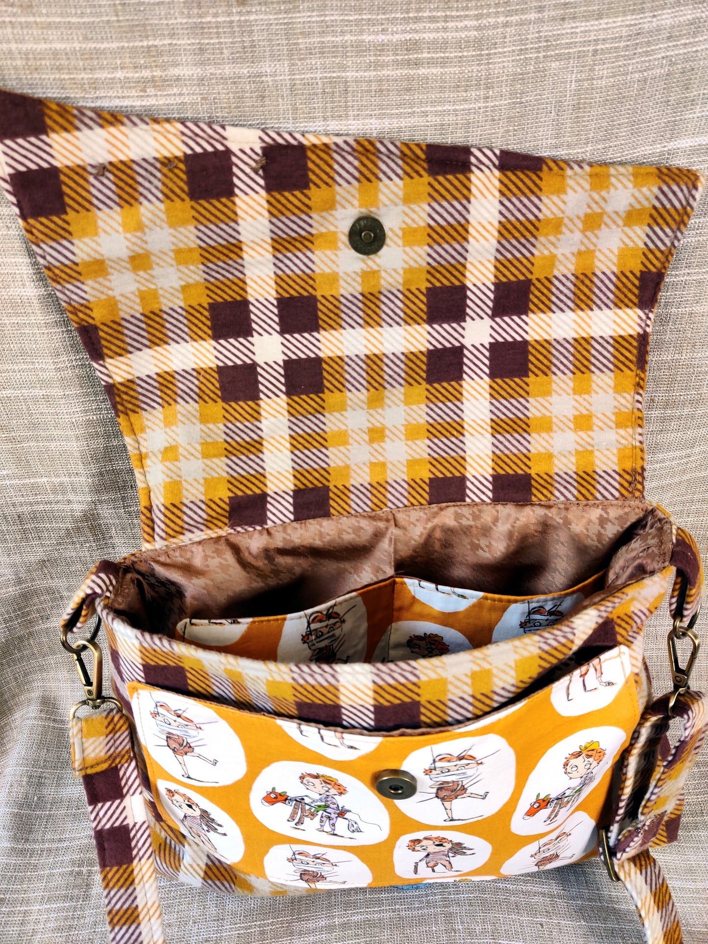 Handmade Western Handbag (9" x 14"), featuring Crafty Chloe print on yellow and brown plaid