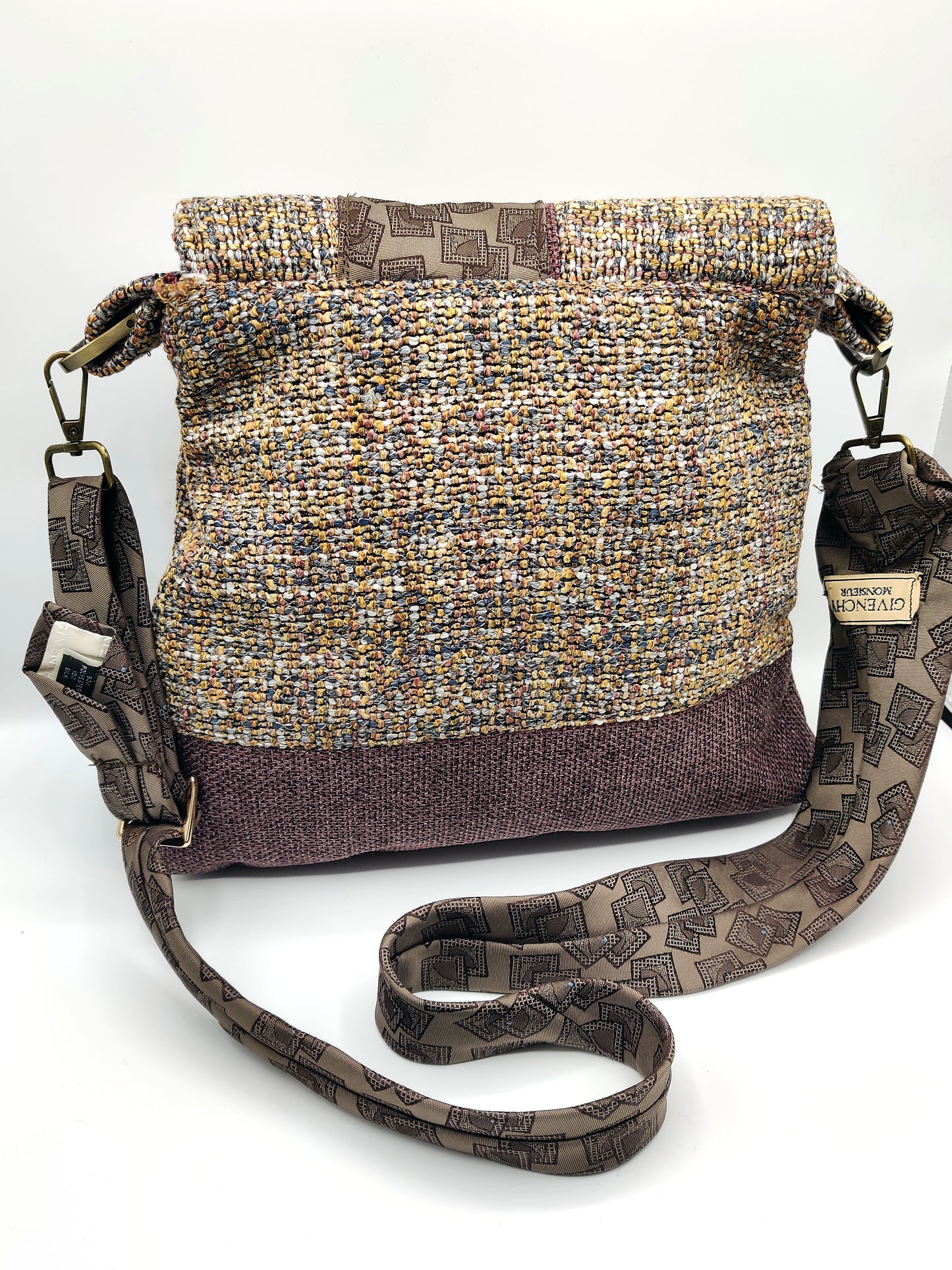 Handmade Messenger Bag (9" x 12"), featuring French woven tweed and lavender, vintage Givenchy tie strap