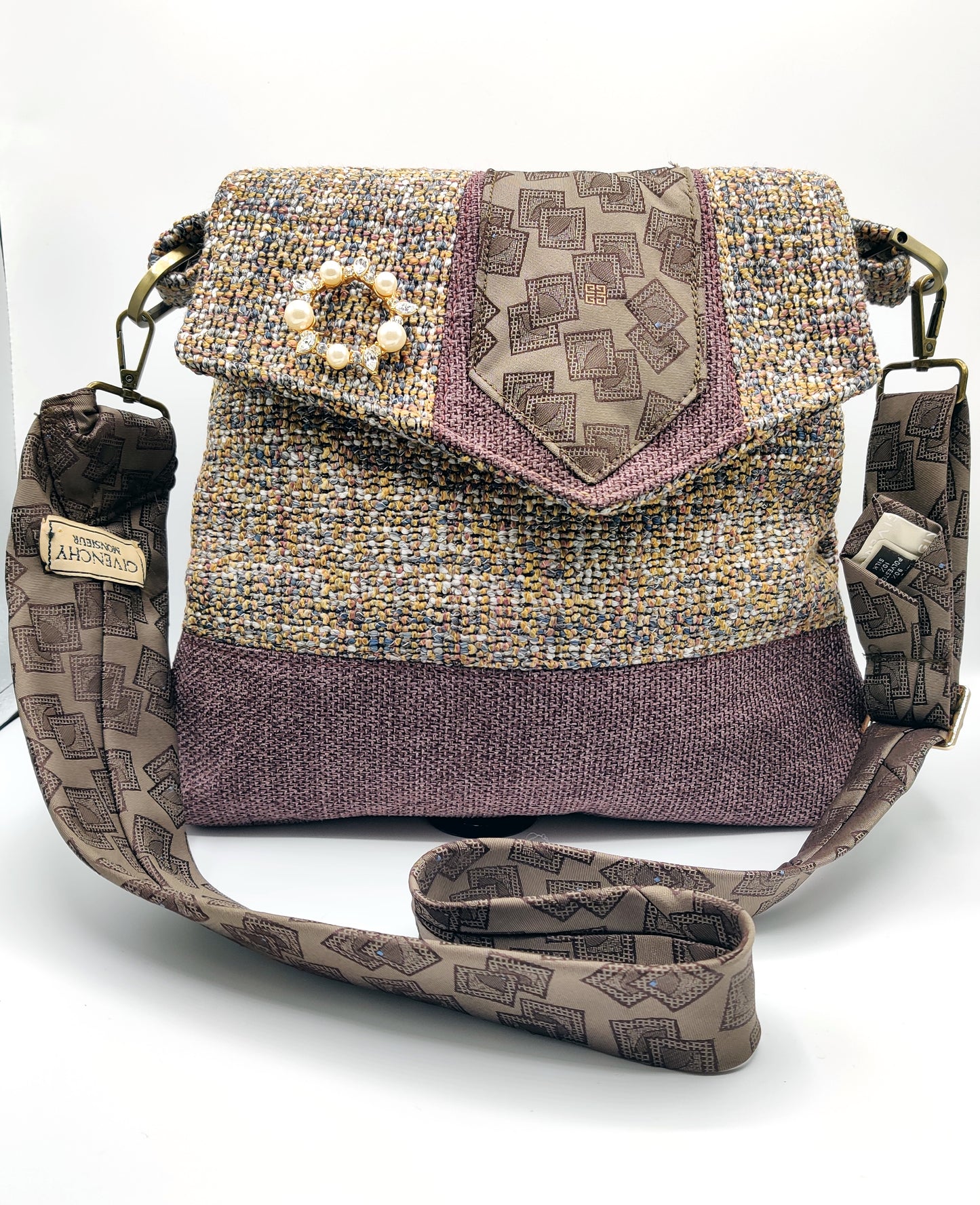 Handmade Messenger Bag (9" x 12"), featuring French woven tweed and lavender, vintage Givenchy tie strap