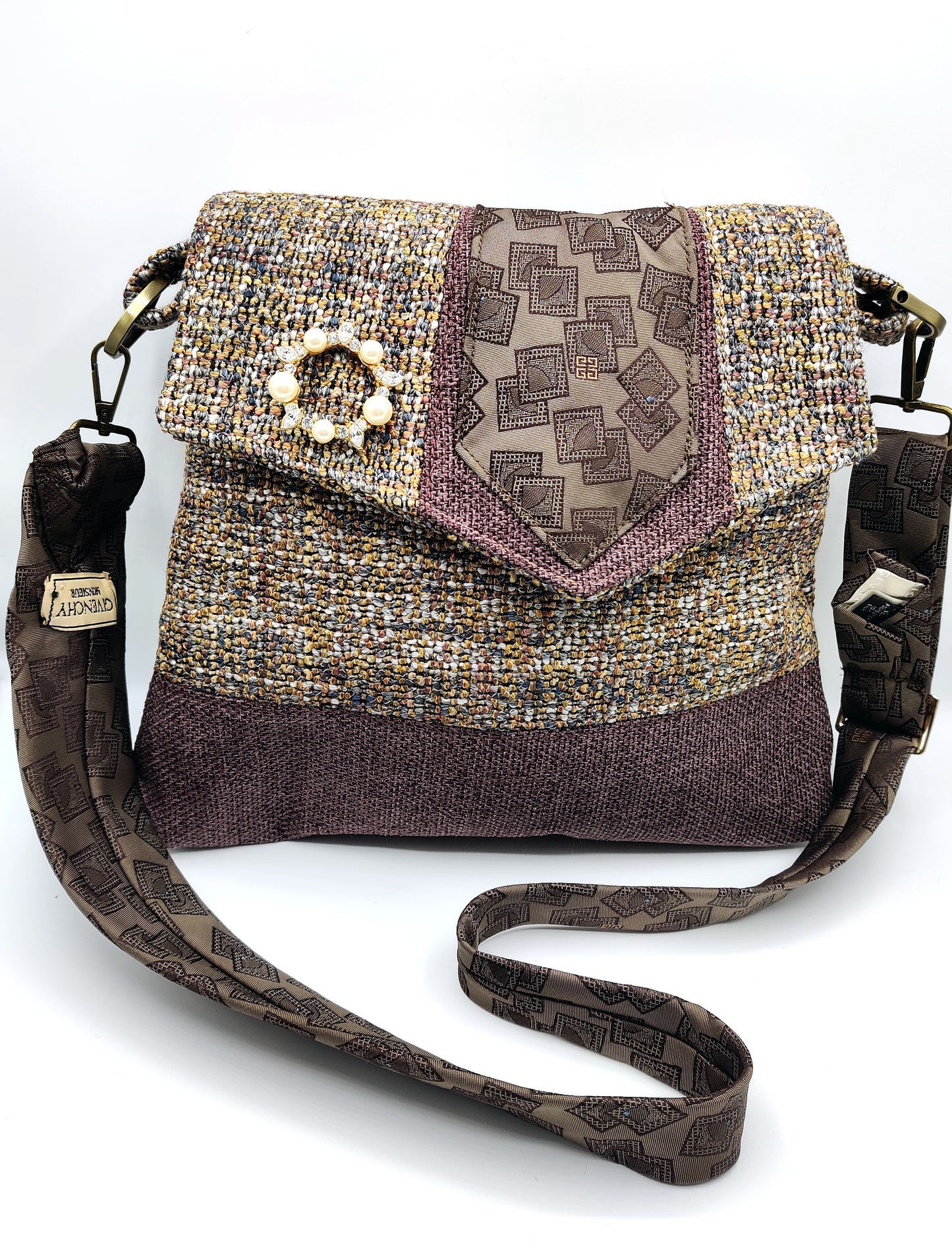 Handmade Messenger Bag (9" x 12"), featuring French woven tweed and lavender, vintage Givenchy tie strap