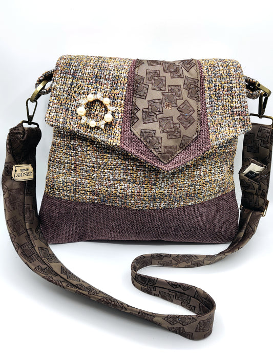 Handmade Messenger Bag (9" x 12"), featuring French woven tweed and lavender, vintage Givenchy tie strap