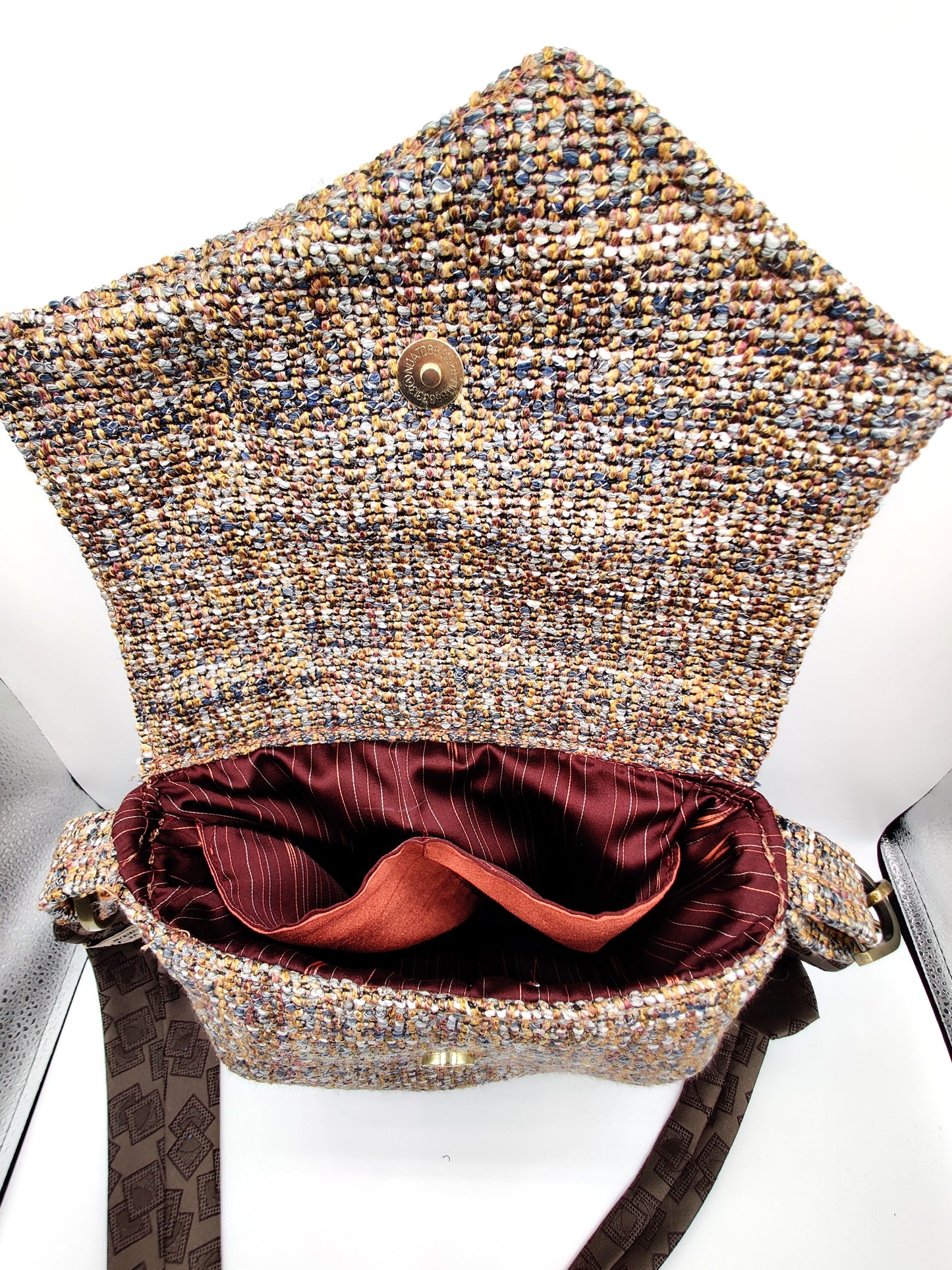 Handmade Messenger Bag (9" x 12"), featuring French woven tweed and lavender, vintage Givenchy tie strap