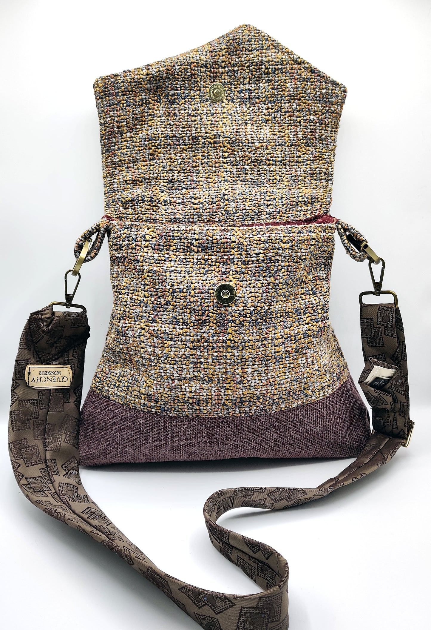 Handmade Messenger Bag (9" x 12"), featuring French woven tweed and lavender, vintage Givenchy tie strap