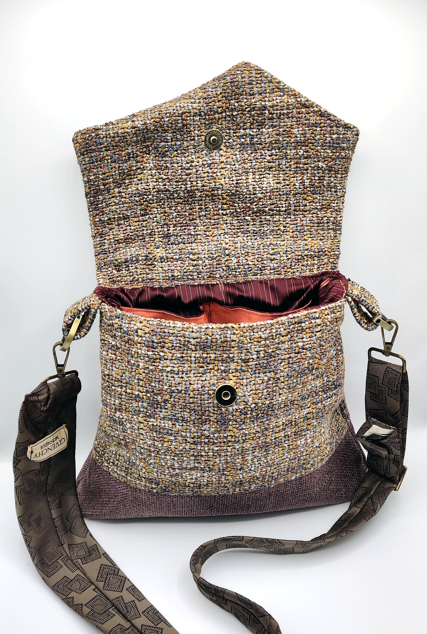 Handmade Messenger Bag (9" x 12"), featuring French woven tweed and lavender, vintage Givenchy tie strap