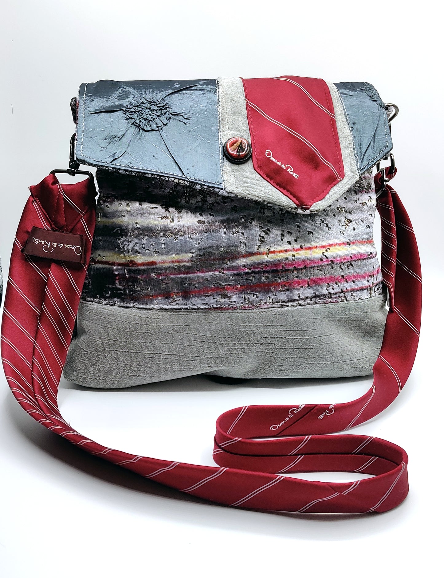Handmade Messenger Bag (9" x 12"), featuring silver, maroon, and purple Jovian striped print fabric, vintage Oscar de la Renta Tie strap