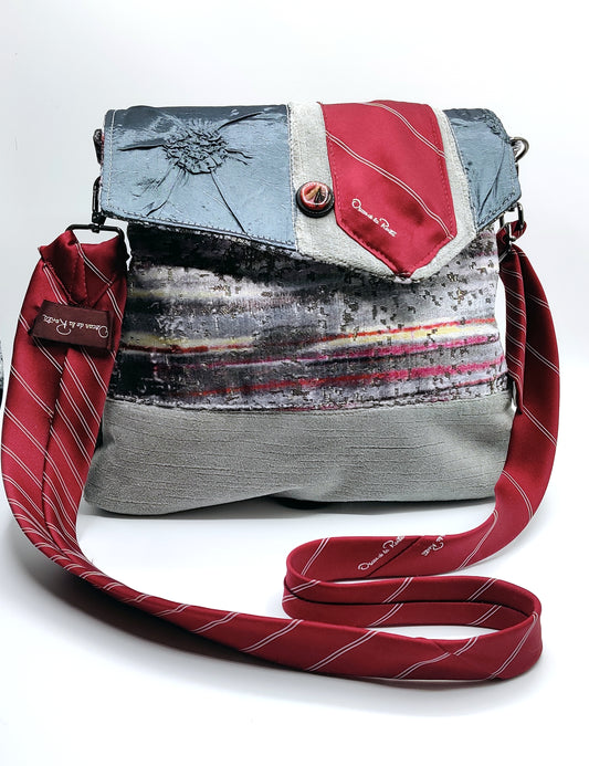 Handmade Messenger Bag (9" x 12"), featuring silver, maroon, and purple Jovian striped print fabric, vintage Oscar de la Renta Tie strap
