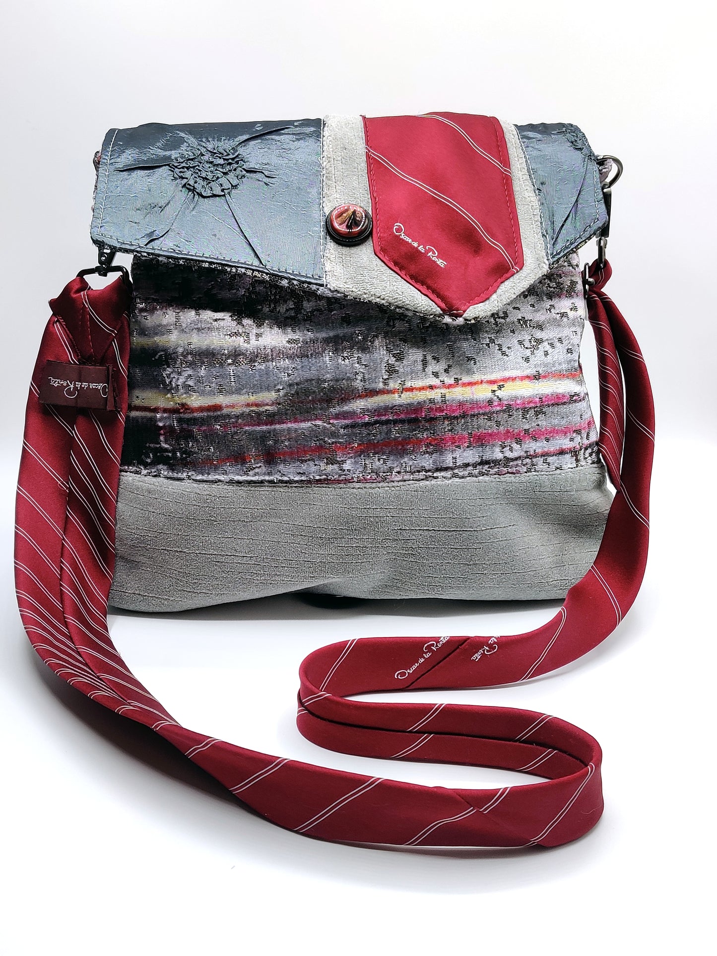 Handmade Messenger Bag (9" x 12"), featuring silver, maroon, and purple Jovian striped print fabric, vintage Oscar de la Renta Tie strap