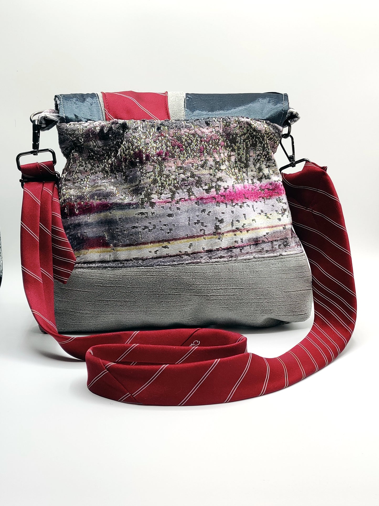 Handmade Messenger Bag (9" x 12"), featuring silver, maroon, and purple Jovian striped print fabric, vintage Oscar de la Renta Tie strap