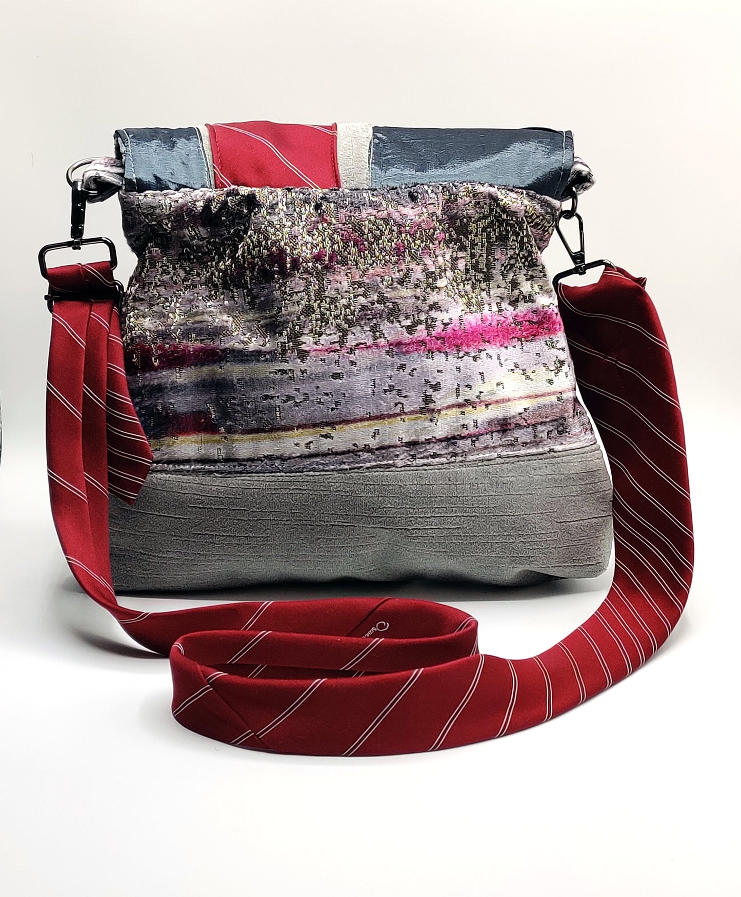 Handmade Messenger Bag (9" x 12"), featuring silver, maroon, and purple Jovian striped print fabric, vintage Oscar de la Renta Tie strap