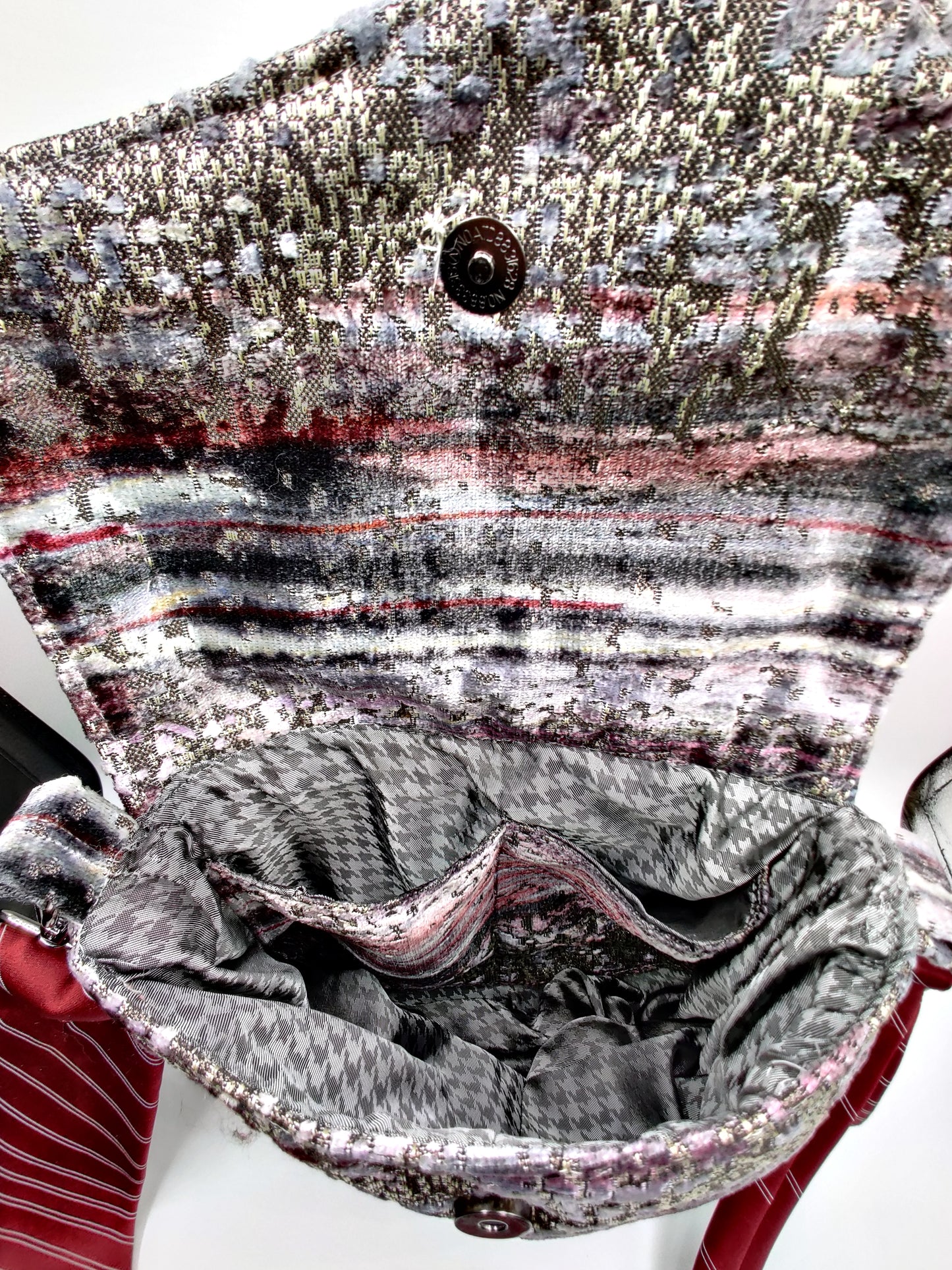 Handmade Messenger Bag (9" x 12"), featuring silver, maroon, and purple Jovian striped print fabric, vintage Oscar de la Renta Tie strap