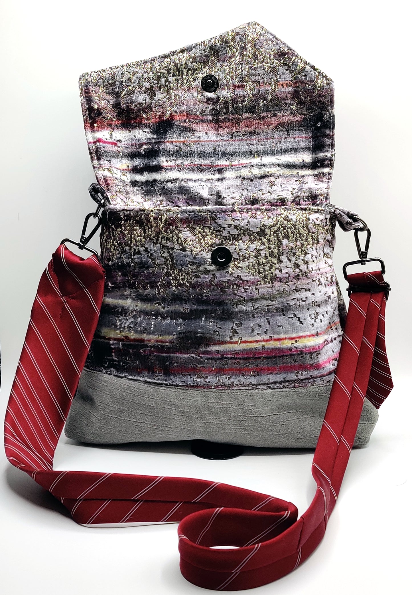 Handmade Messenger Bag (9" x 12"), featuring silver, maroon, and purple Jovian striped print fabric, vintage Oscar de la Renta Tie strap