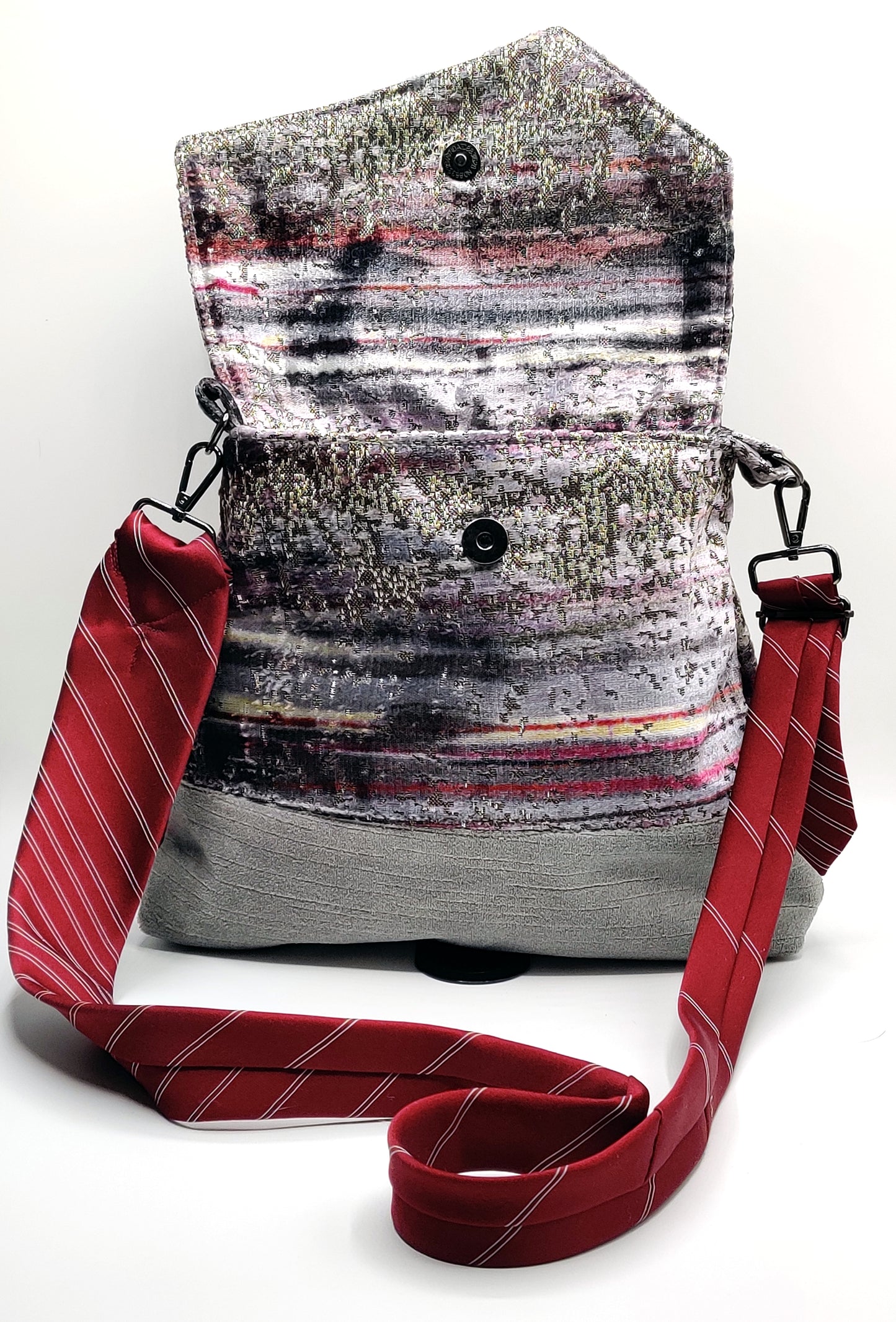 Handmade Messenger Bag (9" x 12"), featuring silver, maroon, and purple Jovian striped print fabric, vintage Oscar de la Renta Tie strap