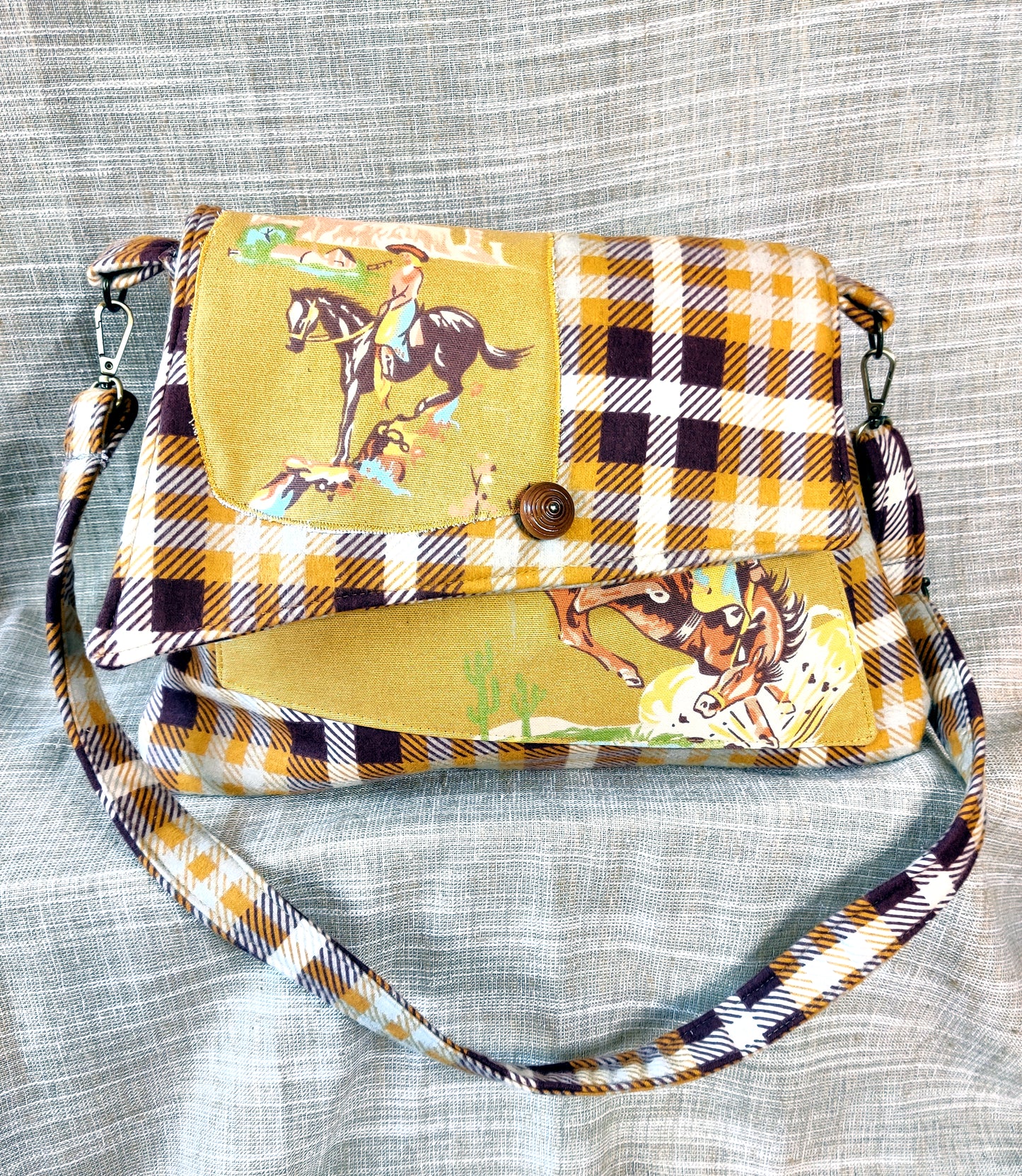 Handmade Western Handbag (9" x 14"), featuring Rodeo print on mustard yellow and brown plaid