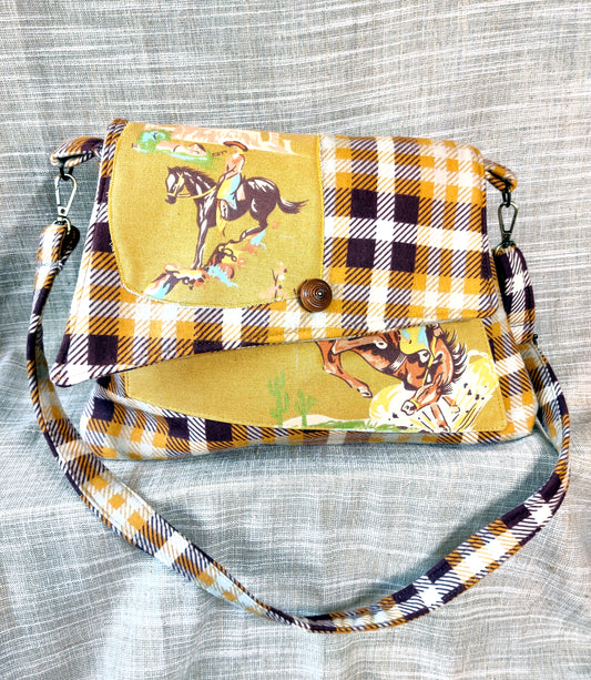 Handmade Western Handbag (9" x 14"), featuring Rodeo print on mustard yellow and brown plaid