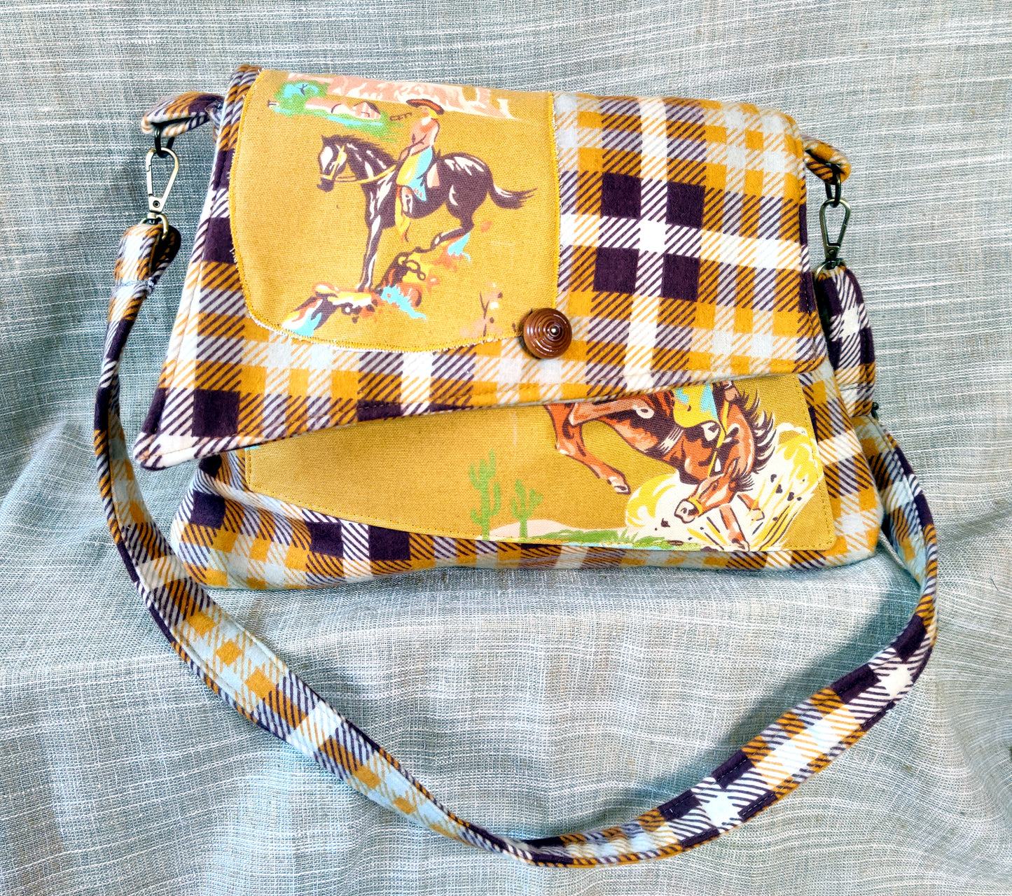 Handmade Western Handbag (9" x 14"), featuring Rodeo print on mustard yellow and brown plaid