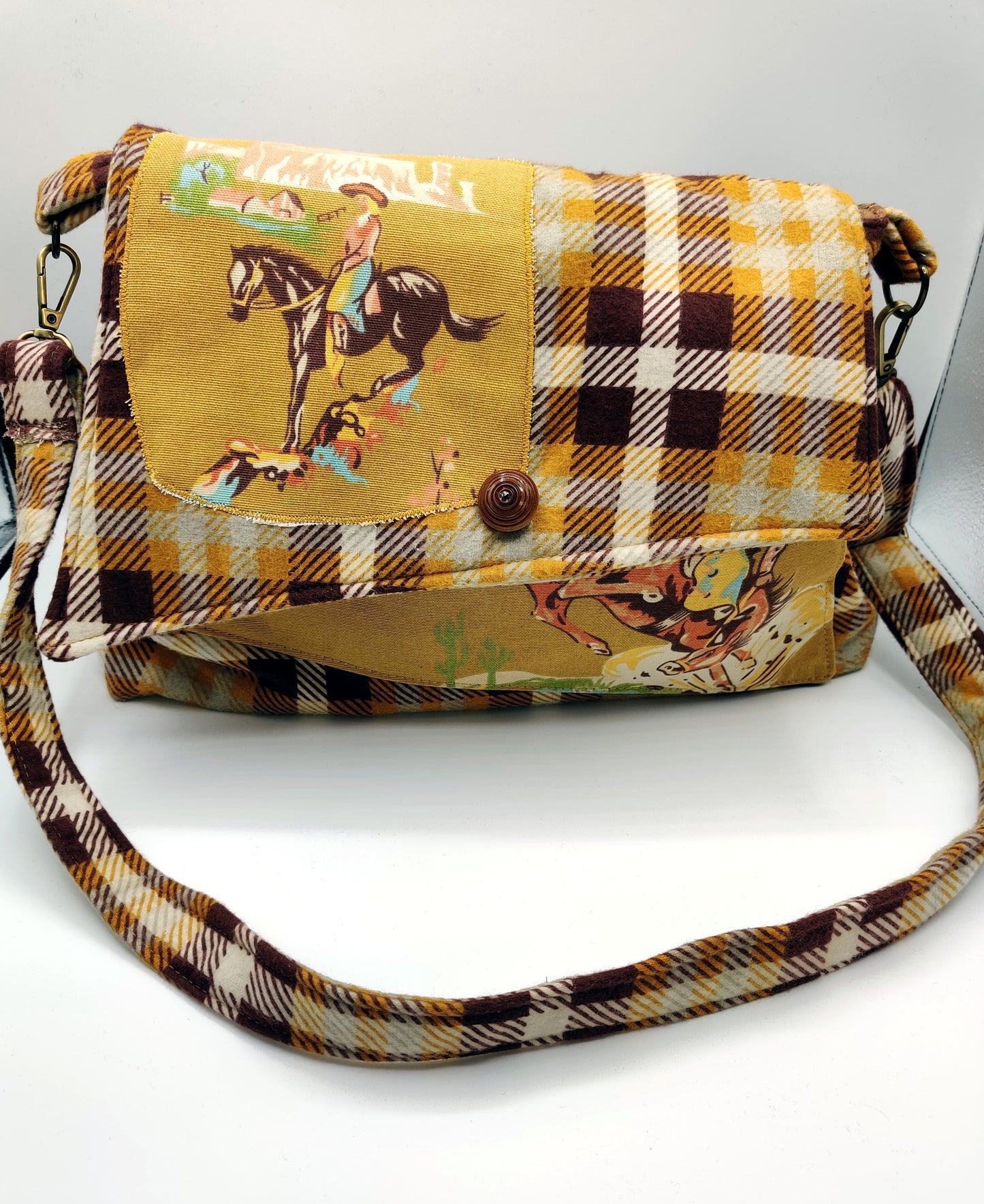Handmade Western Handbag (9" x 14"), featuring Rodeo print on mustard yellow and brown plaid